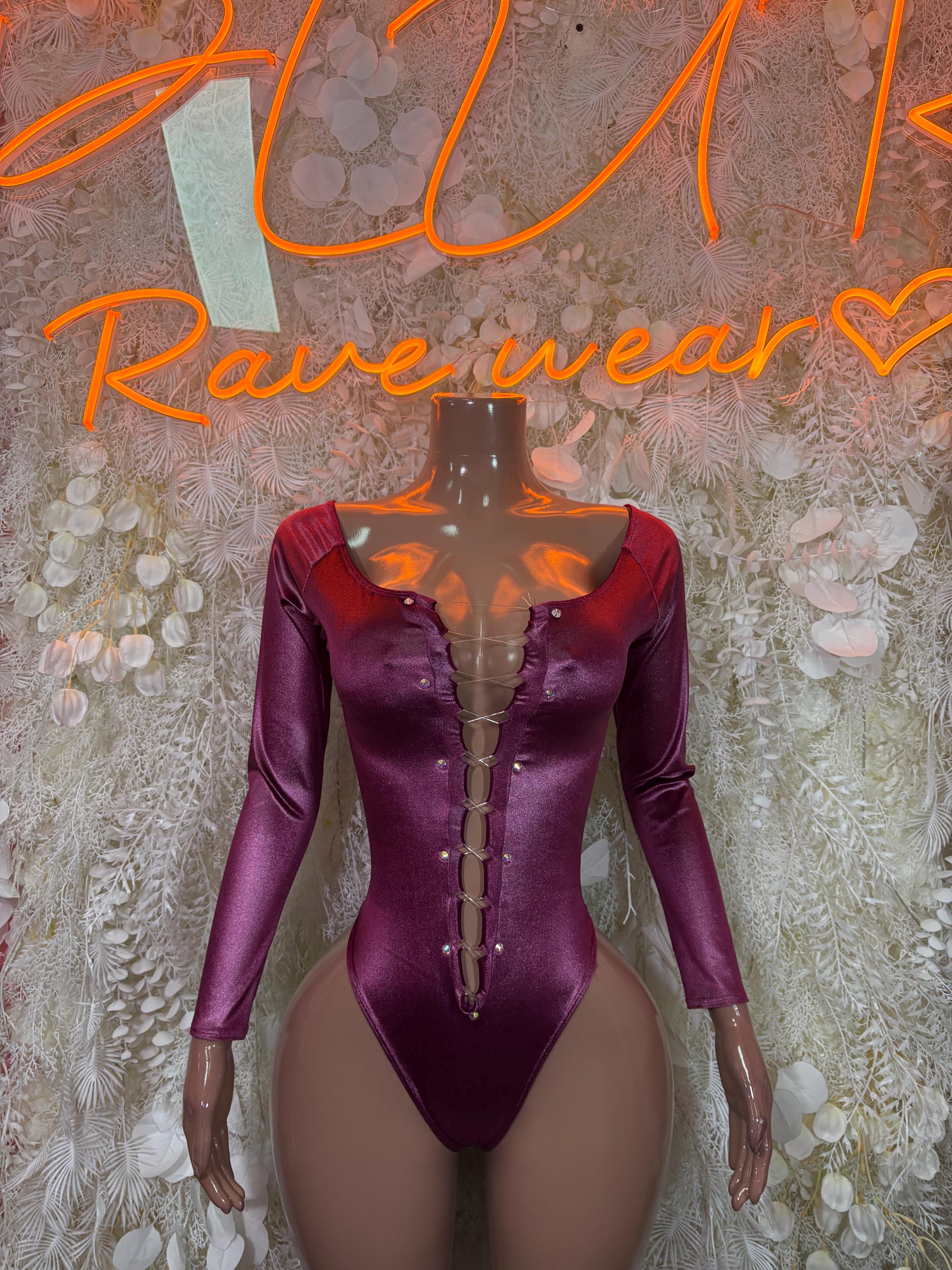 Purple metallic long-sleeve bodysuit with scoop front and snap placket