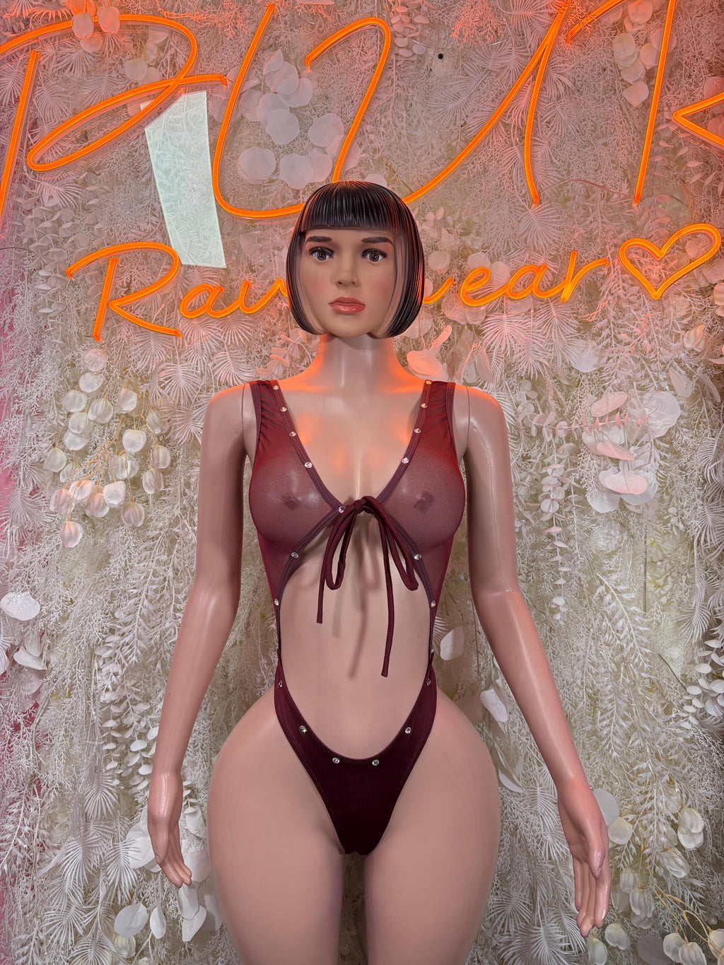 Burgundy mesh festival bodysuit with deep V neckline and tie-front strings