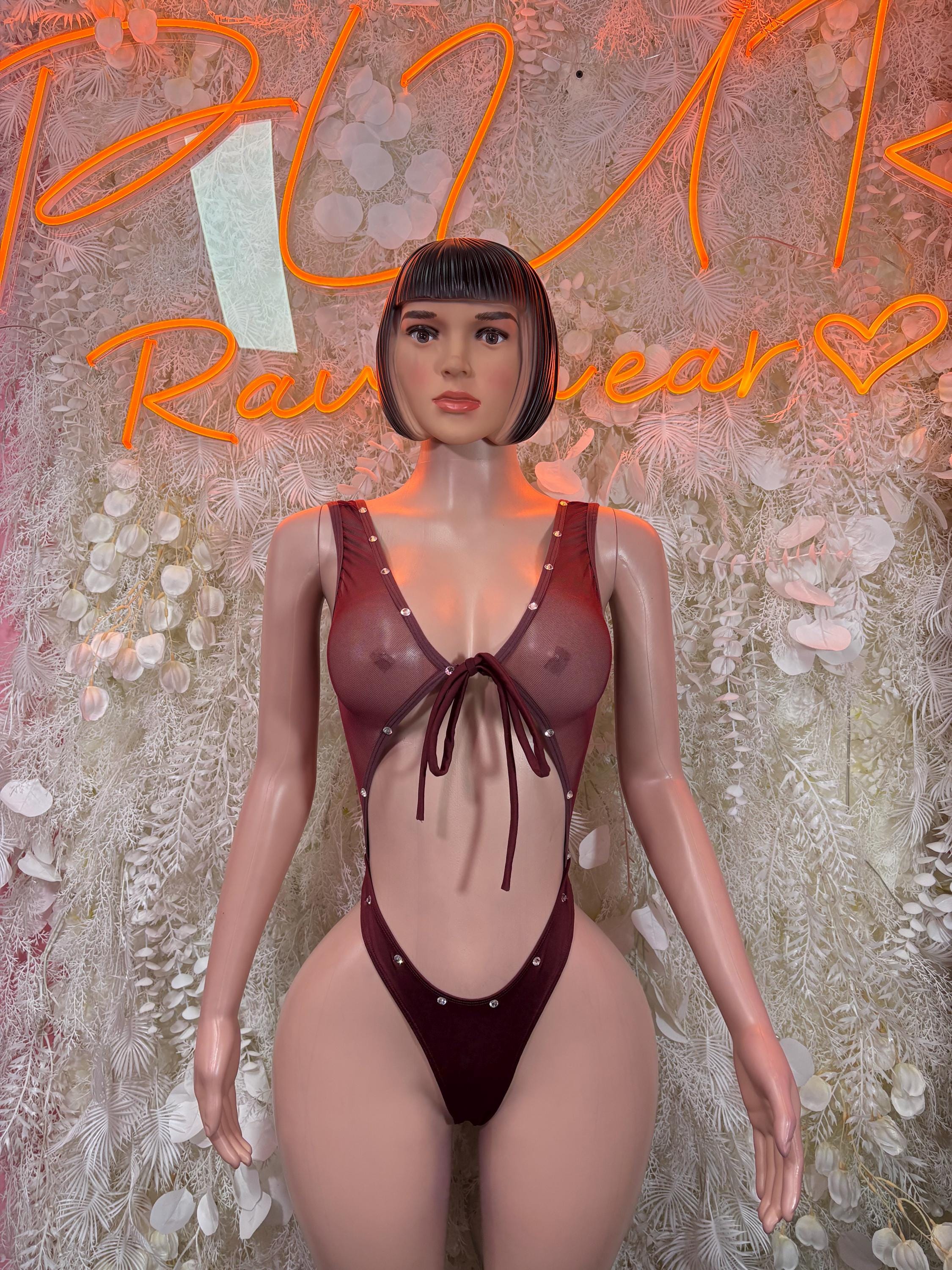 Burgundy mesh festival bodysuit with deep V neckline and tie-front strings