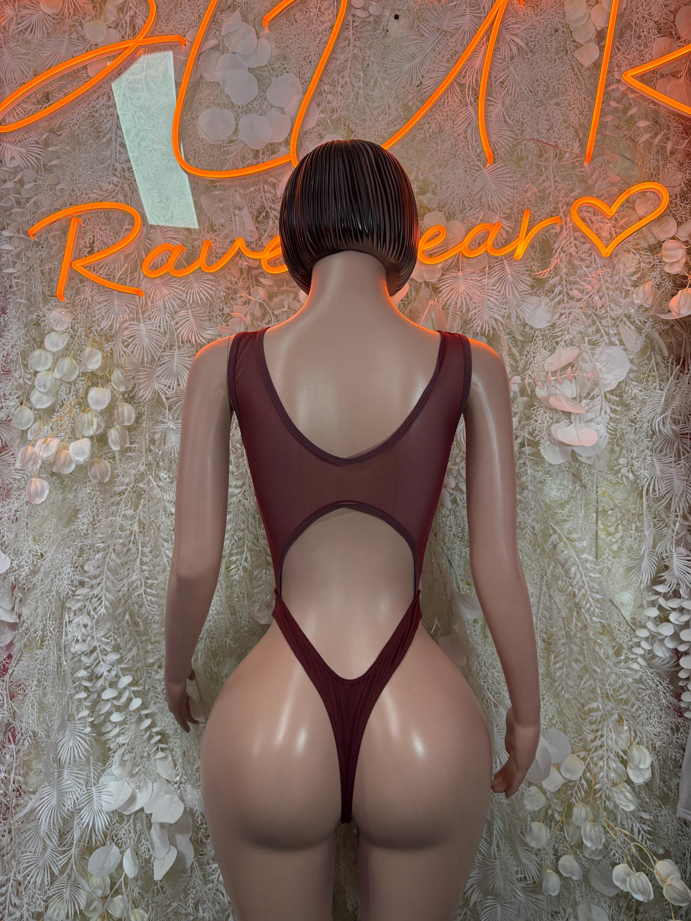 Burgundy open-back mesh bodysuit with crisscross straps and cheeky bottom