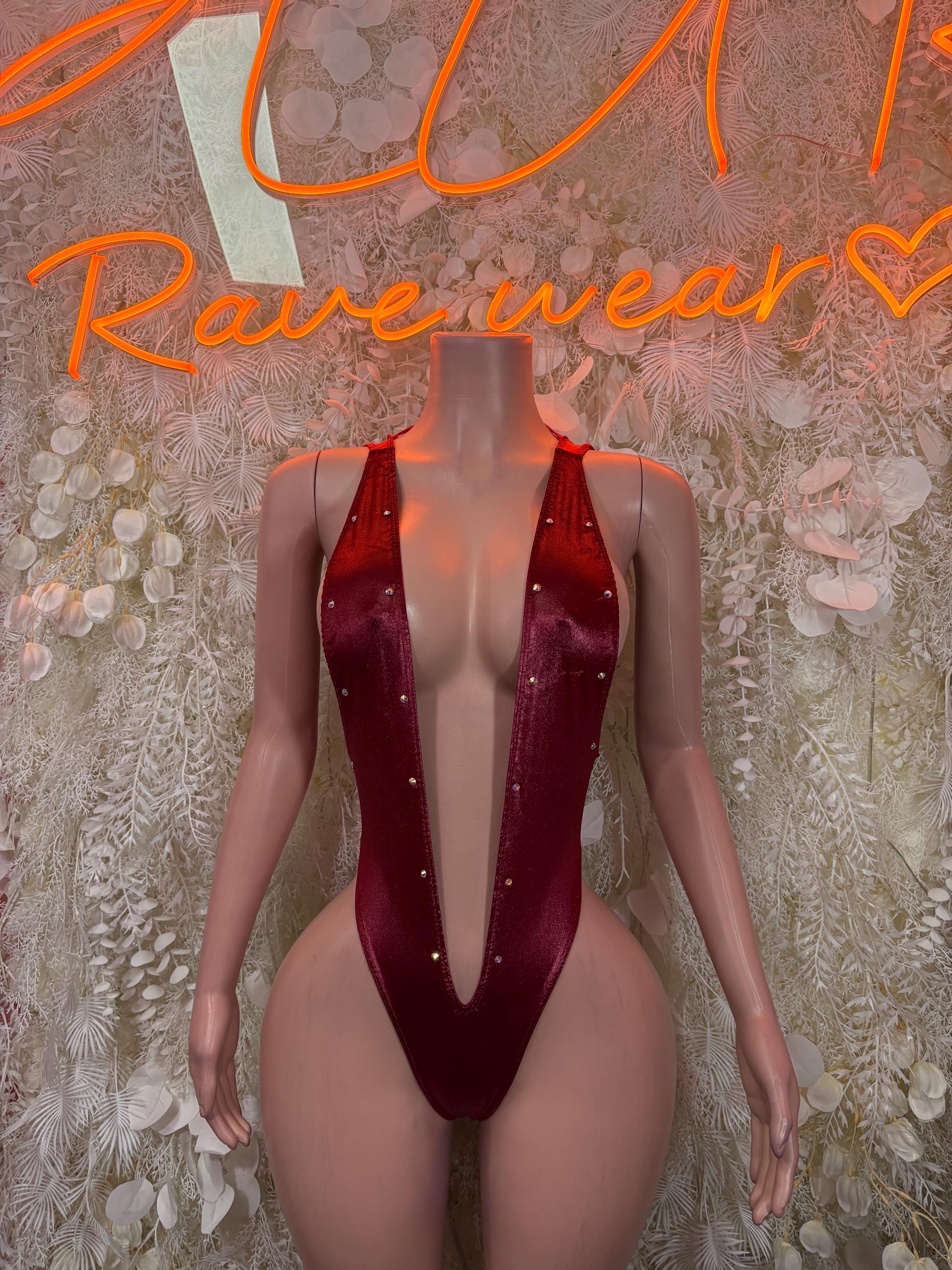Burgundy sequin bodysuit with deep V neckline and front drape