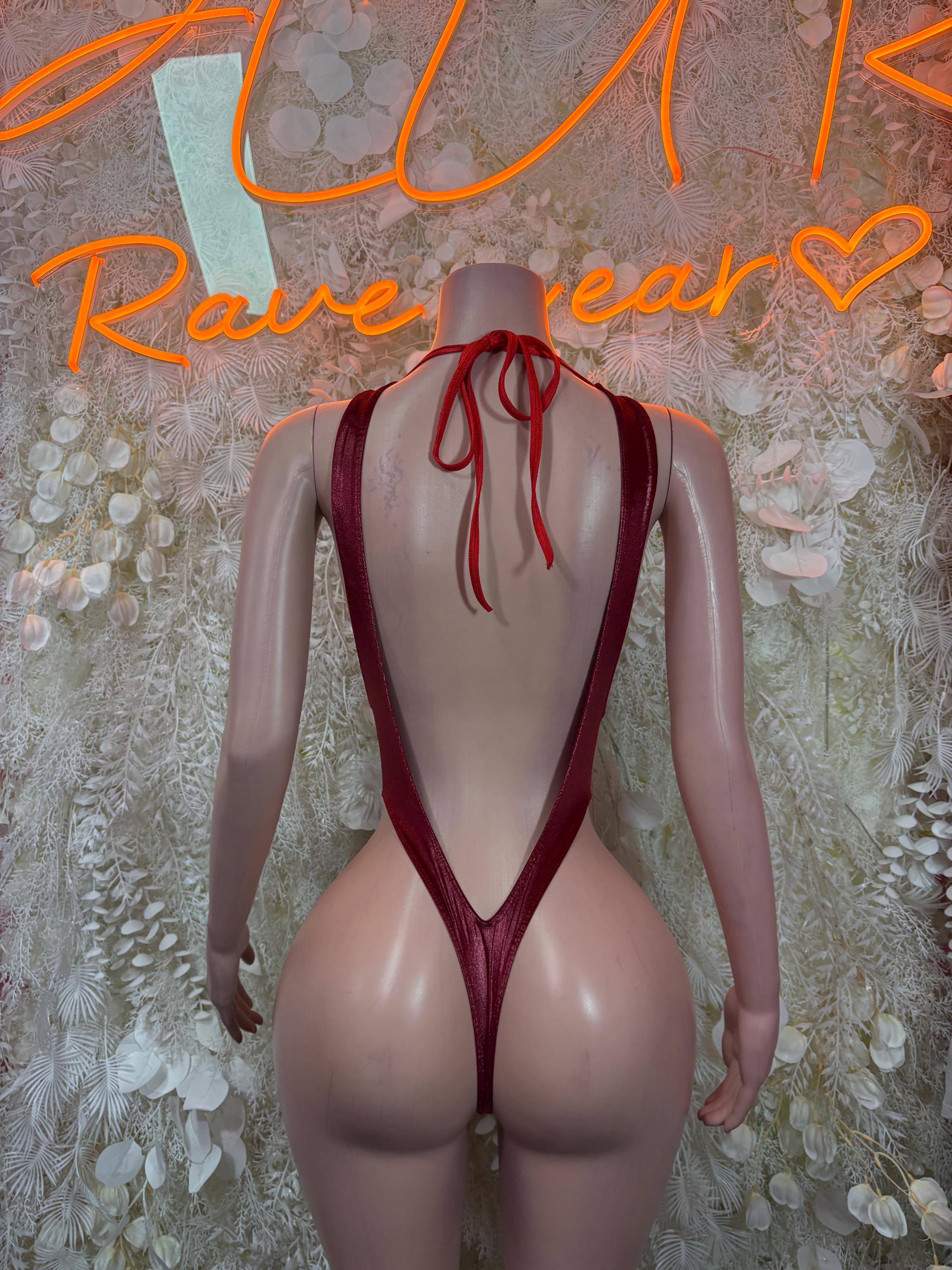Burgundy sequin bodysuit back view with crisscross ties and V-shaped back