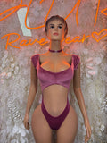 Purple velvet sweetheart bodysuit with short puff sleeves and high-cut legs