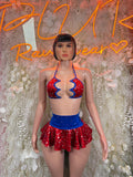 Patriotic two-piece skirt set: red star bikini top, blue trim, red ruffled skirt