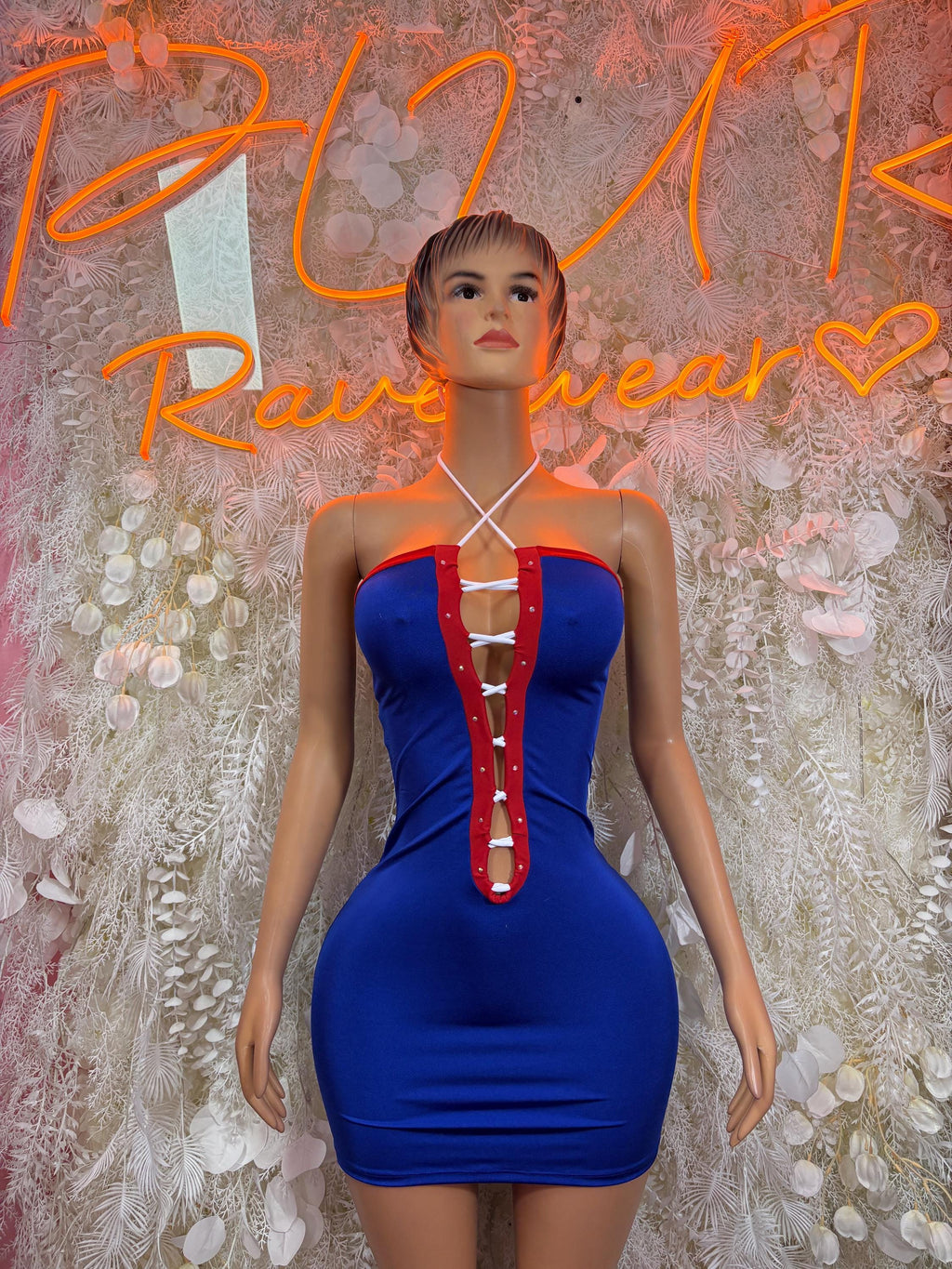 Blue strap mini dress with sweetheart neckline and red lace-up front detail