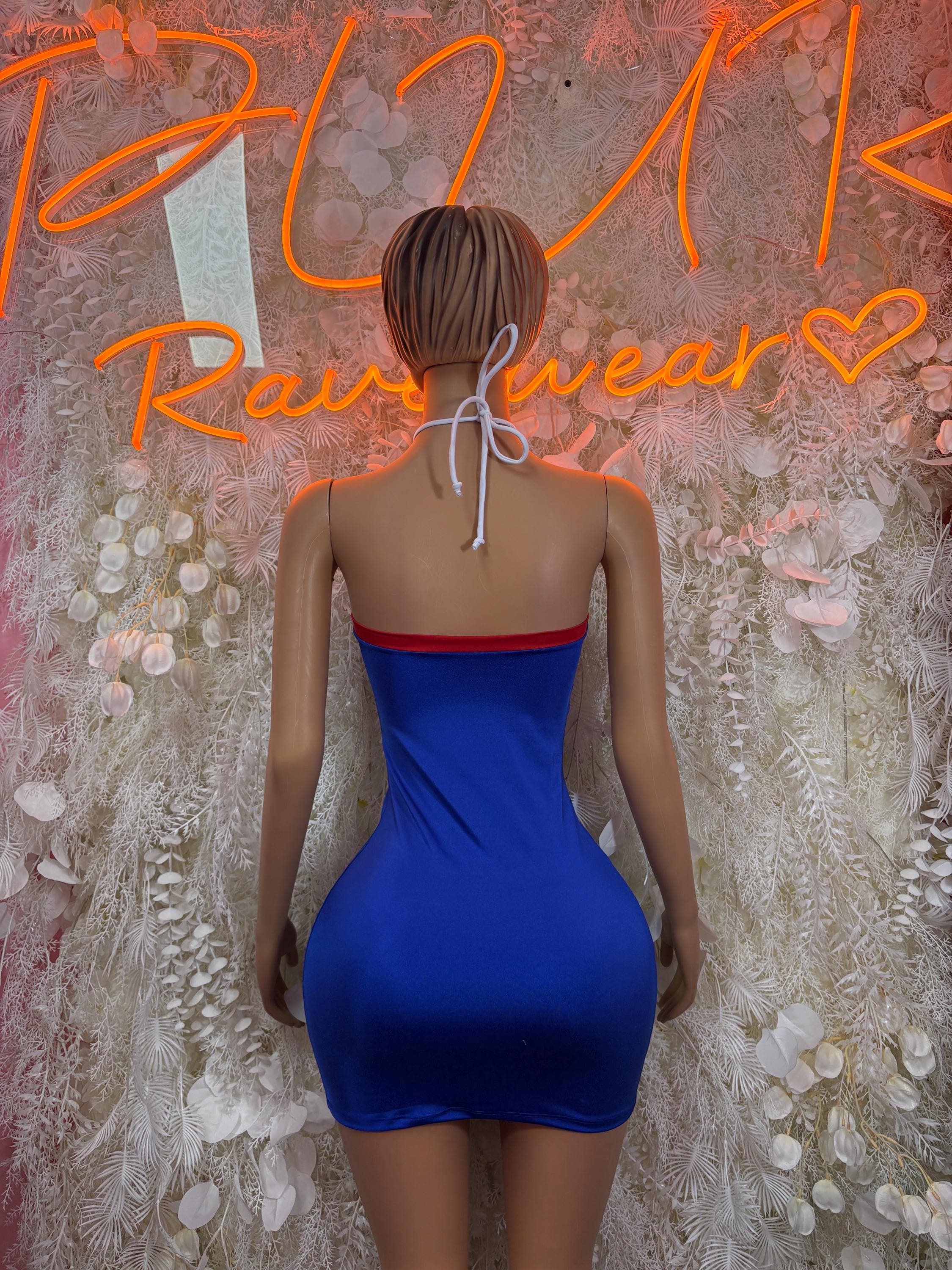 Blue backless mini dress with halter straps and red lace-up center back