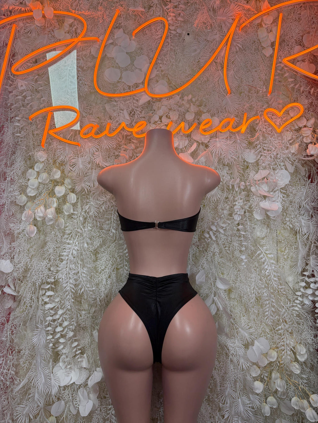 Black two-piece dance set, back view, bandeau top with high-cut bottoms