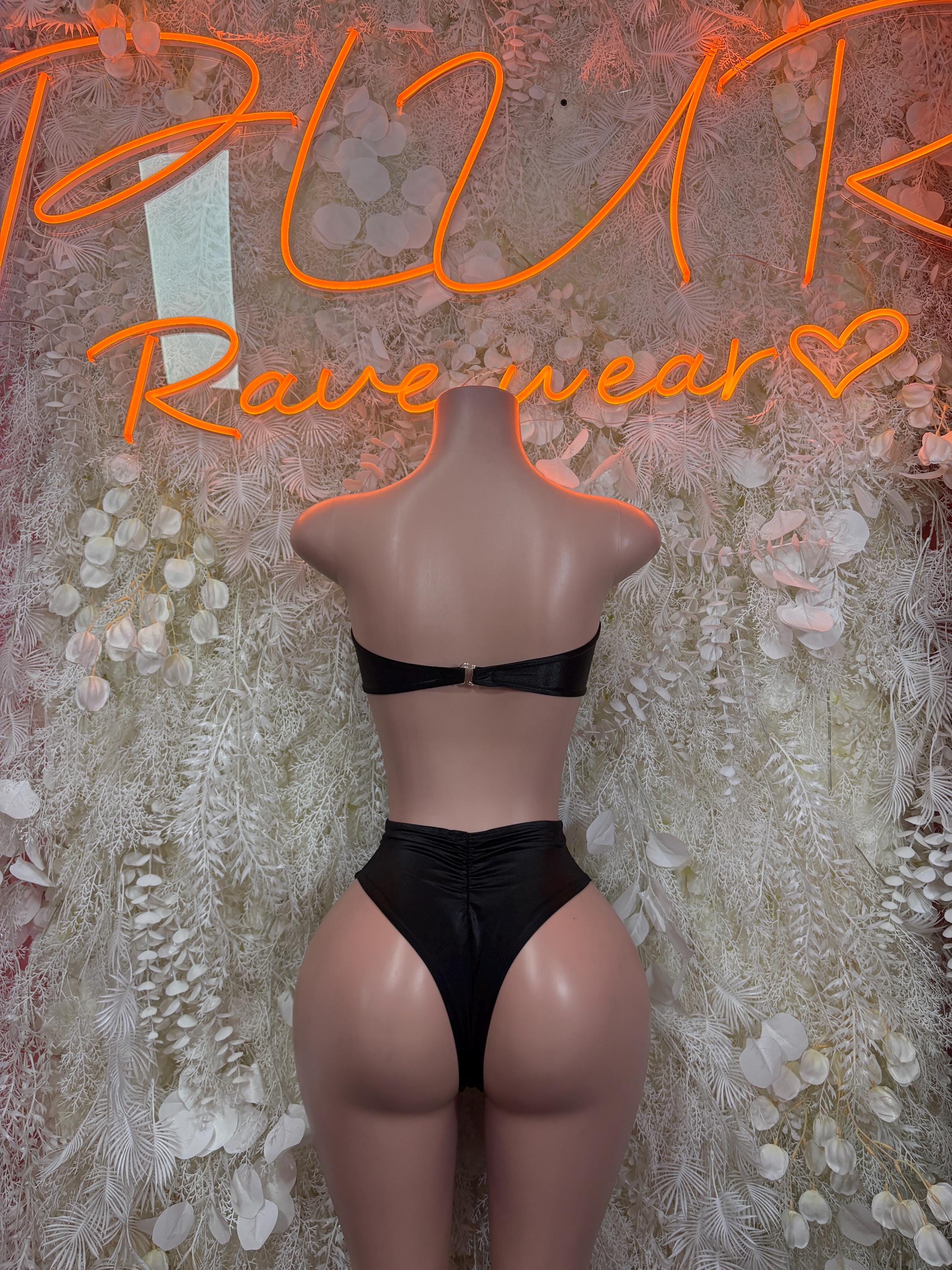 Black two-piece dance set, back view, bandeau top with high-cut bottoms