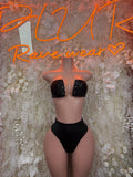 Black two-piece dance set with bandeau top and high-cut bikini bottoms