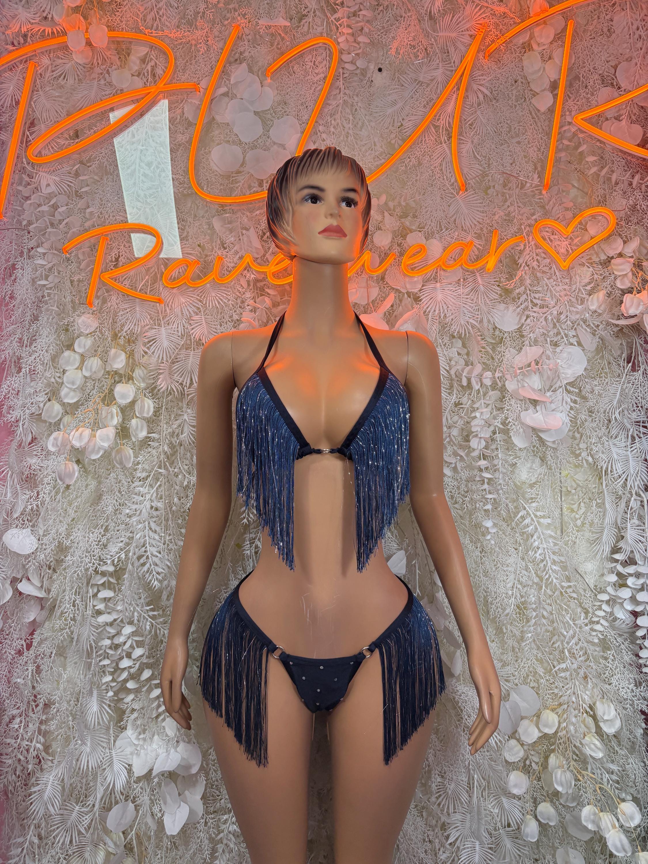Blue fringe two-piece set: halter triangle top and tassel bikini bottoms