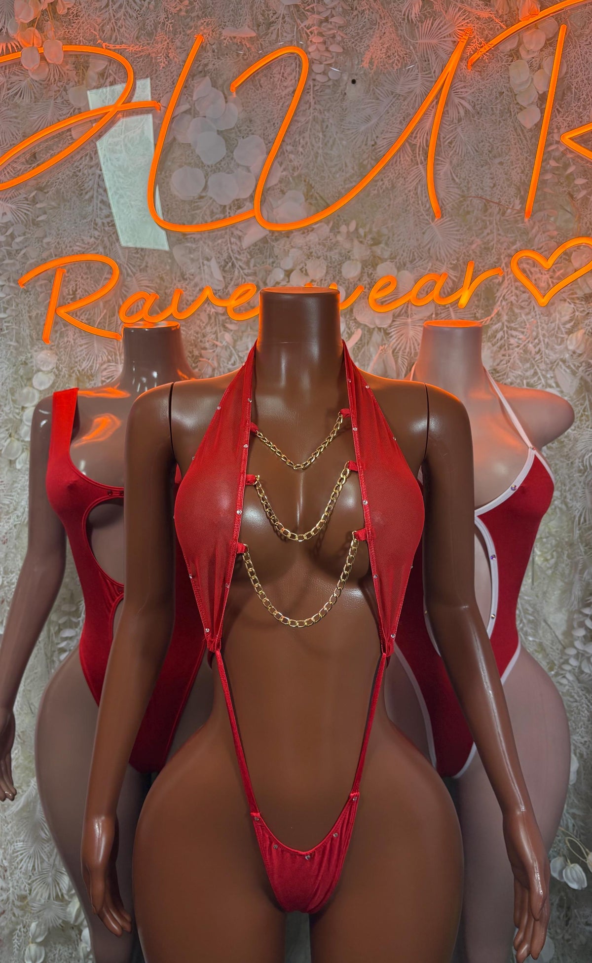 Red Bodysuit Rave Festival Outfit Women - Exotic Dancewear Stripper Clubwear Bottle Girl Ravewear - image 3