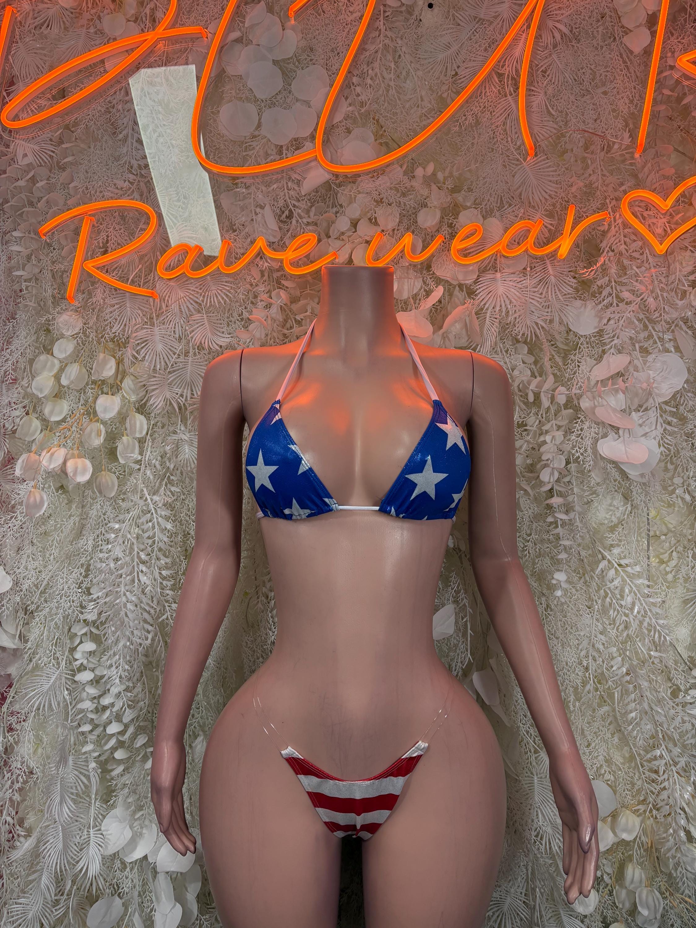 Patriotic stars-and-stripes triangle bikini with striped high-cut bottoms