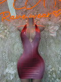 Metallic pink mini dress with deep V neckline and fitted bodycon silhouette