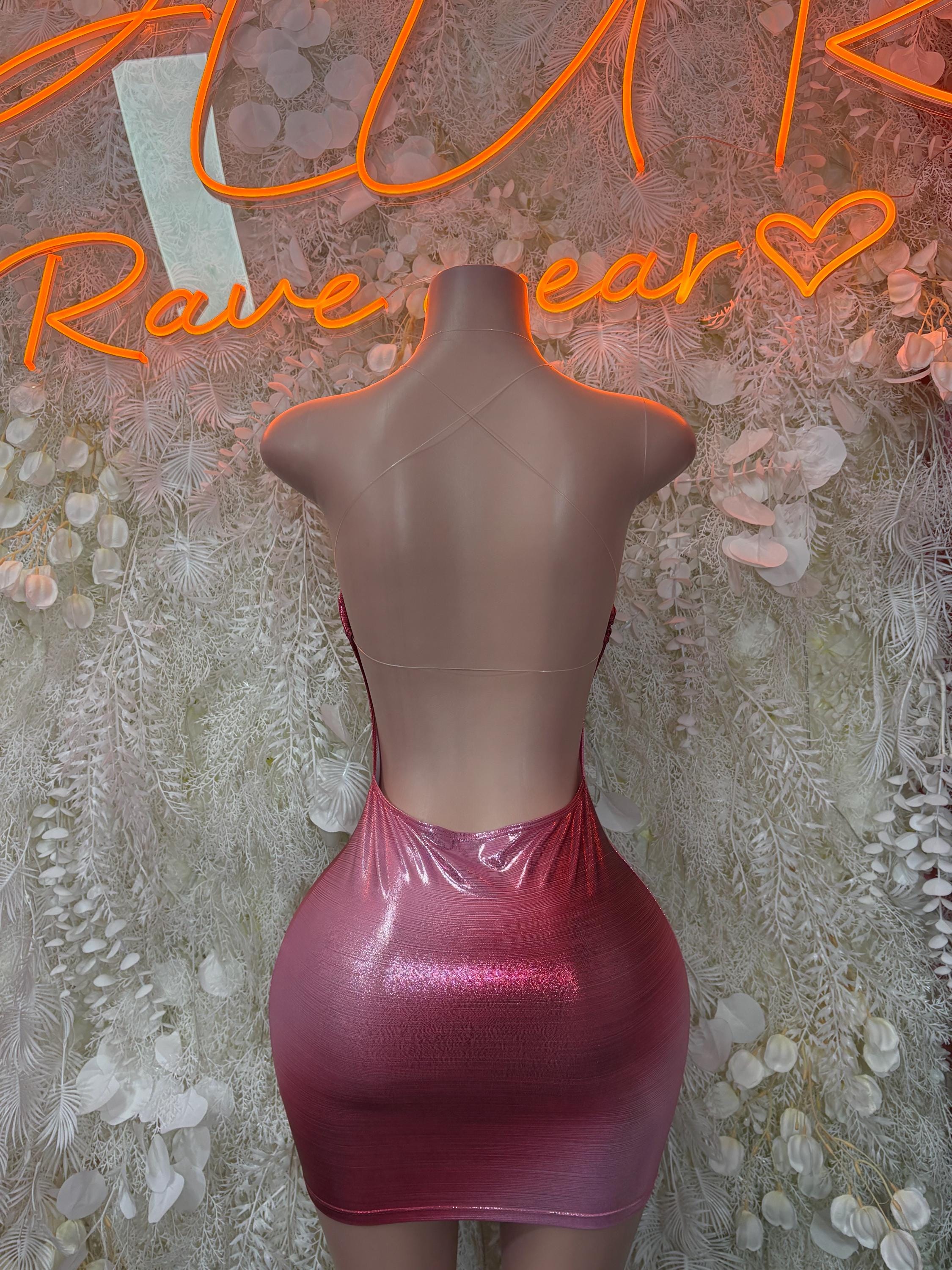 Metallic pink mini dress, open V-back and fitted bodycon cut