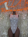 White fishnet bodysuit with high-cut legs and sleeveless scoop neckline