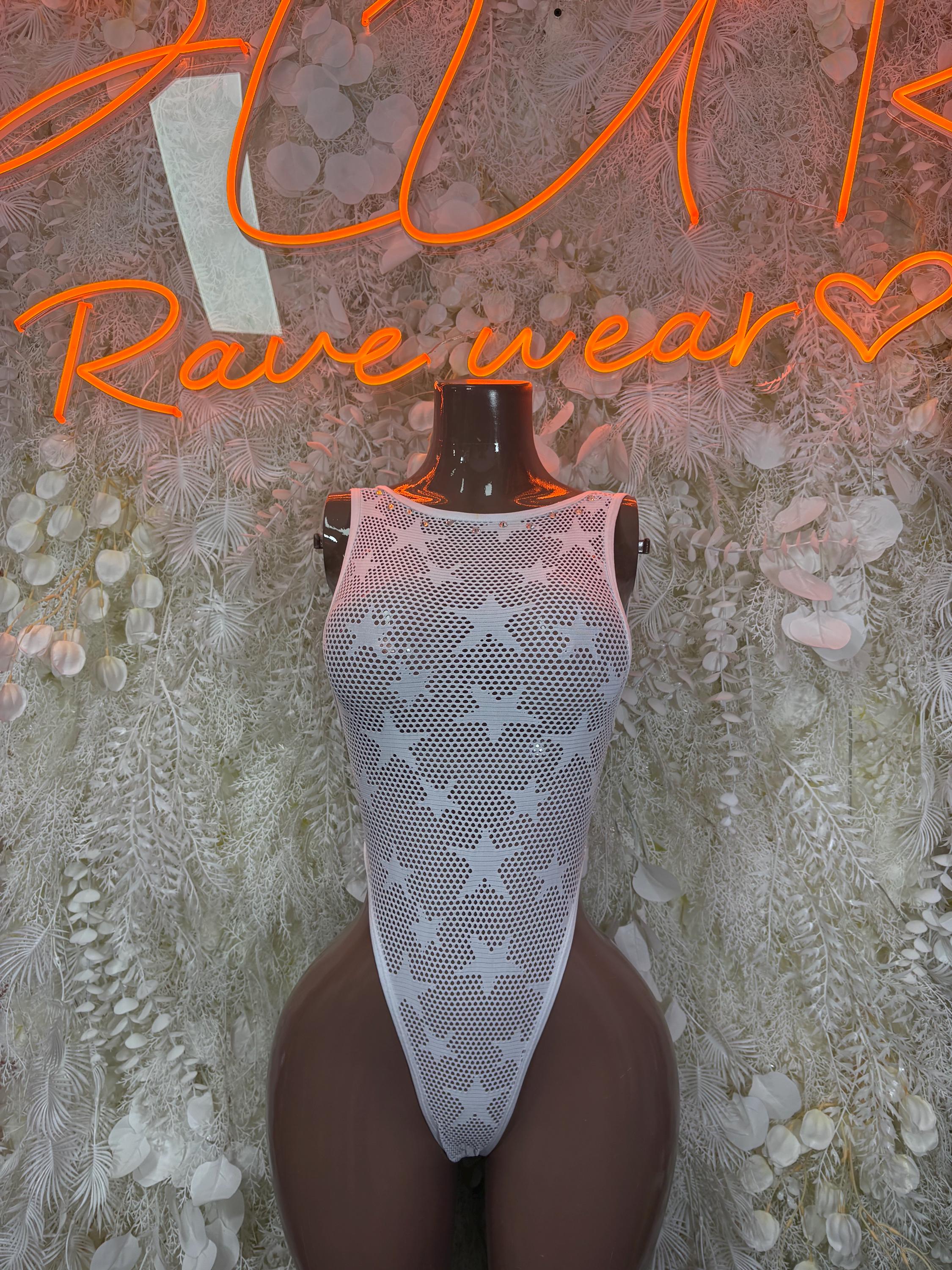 White fishnet bodysuit with high-cut legs and sleeveless scoop neckline