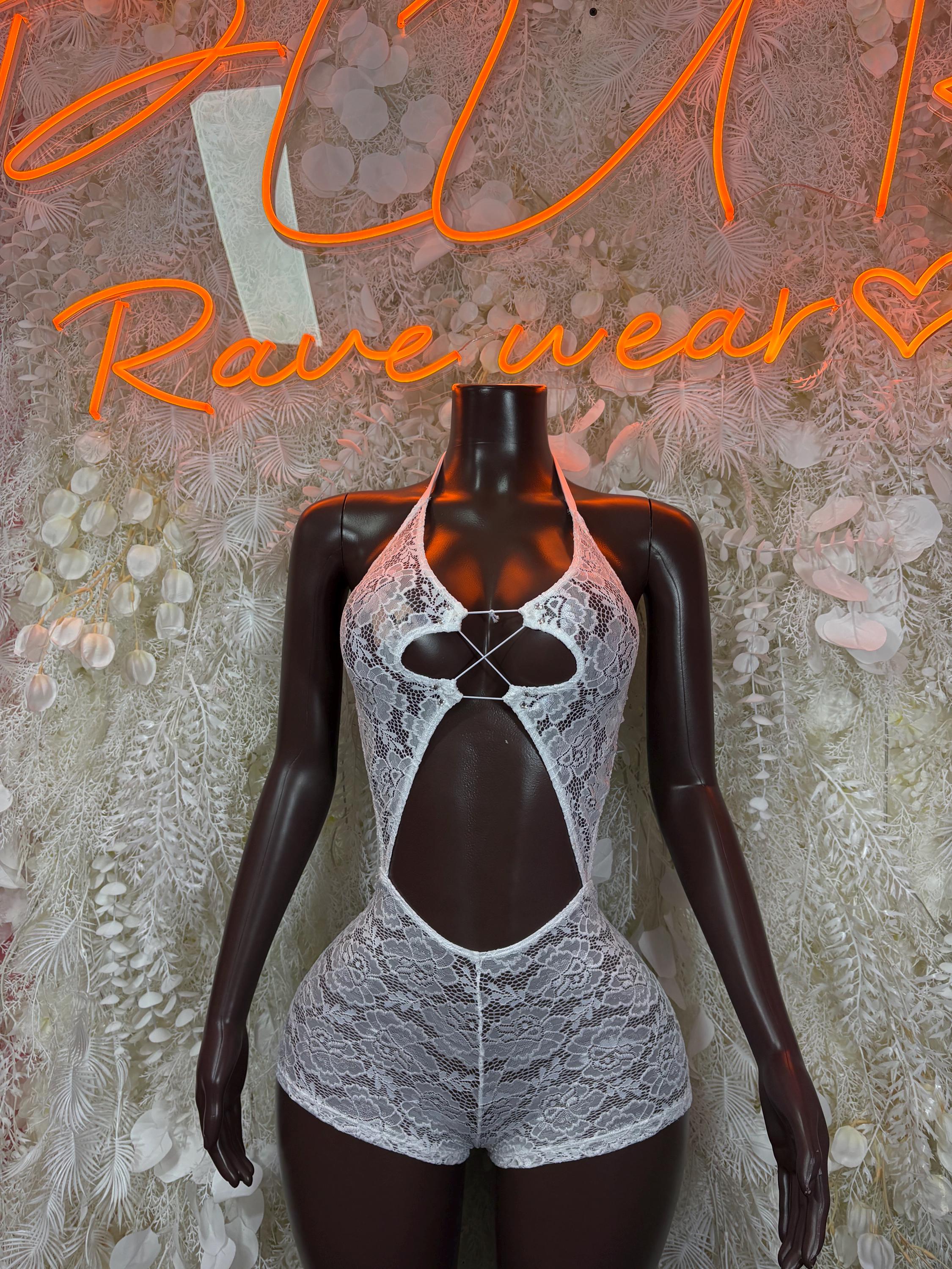 White lace fishnet bodysuit, halter front cutout and open back