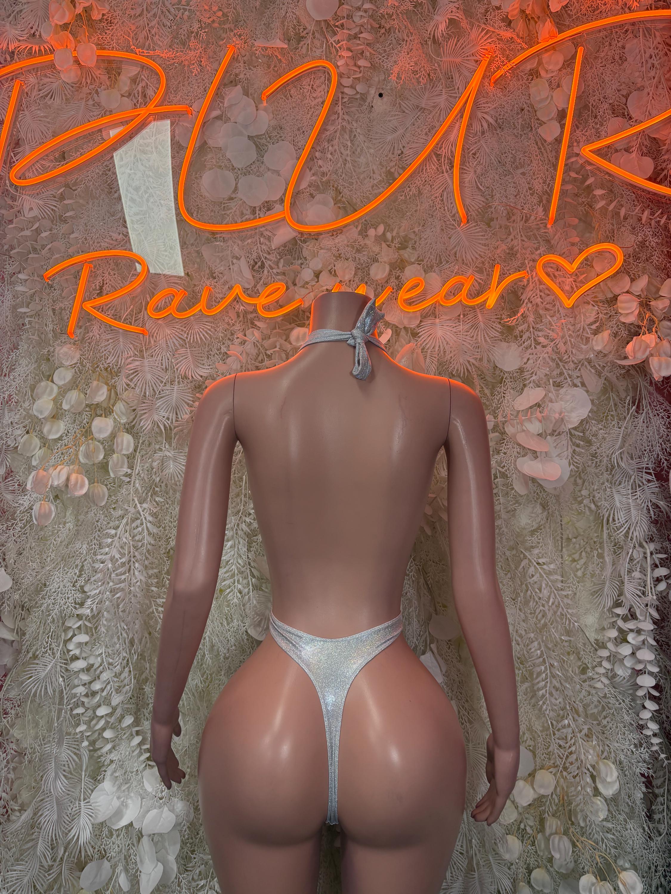 Metallic silver backless bodysuit with tie-back bow and thong bottom