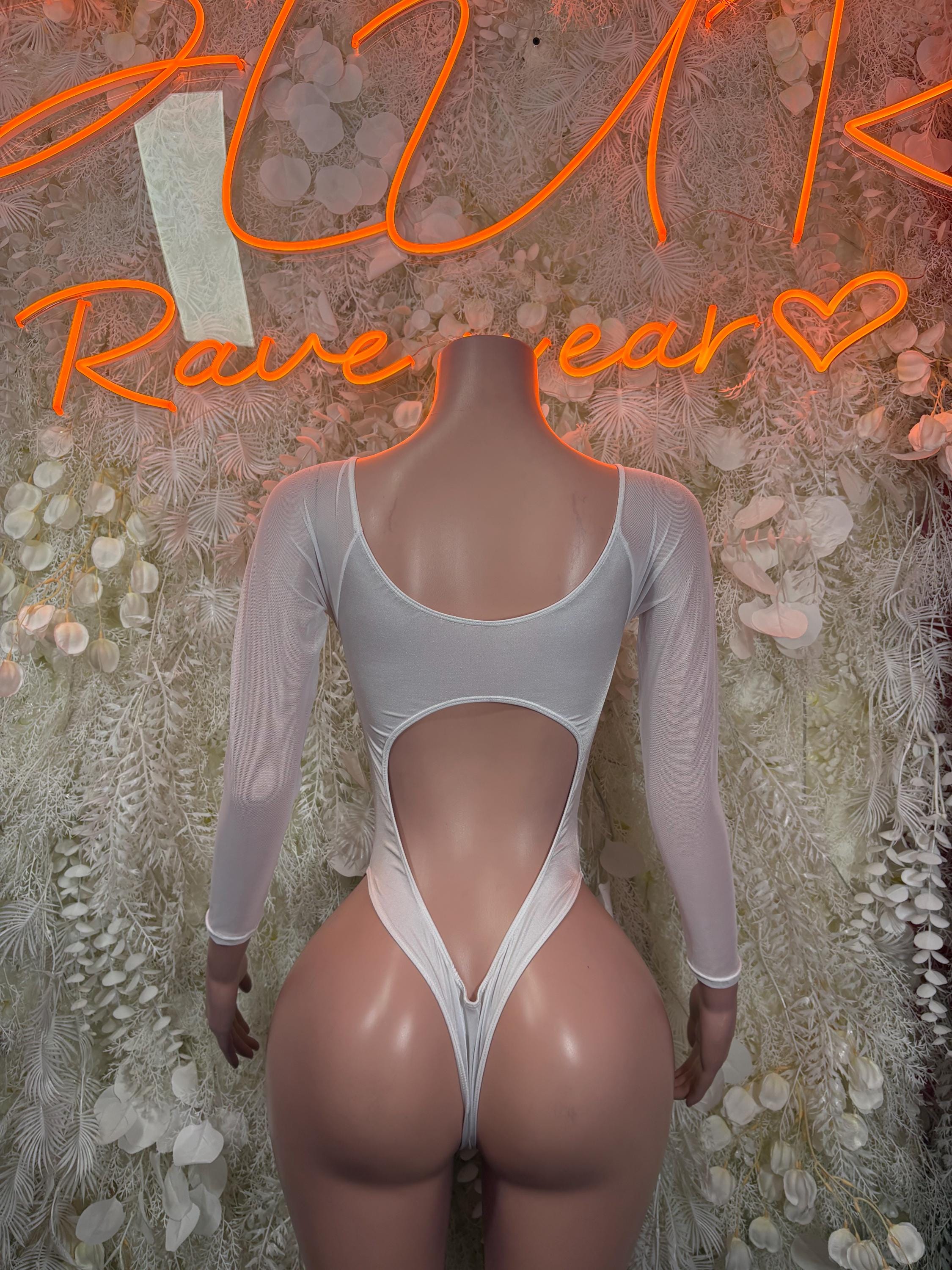 White long-sleeve bodysuit with scoop neckline and high-leg thong-style bottom