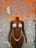 White bikini set with strapless bandeau top and high-cut bottoms, front view
