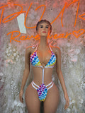 Multicolor heart print micro bikini set with triangle top and thong bottoms, zip front