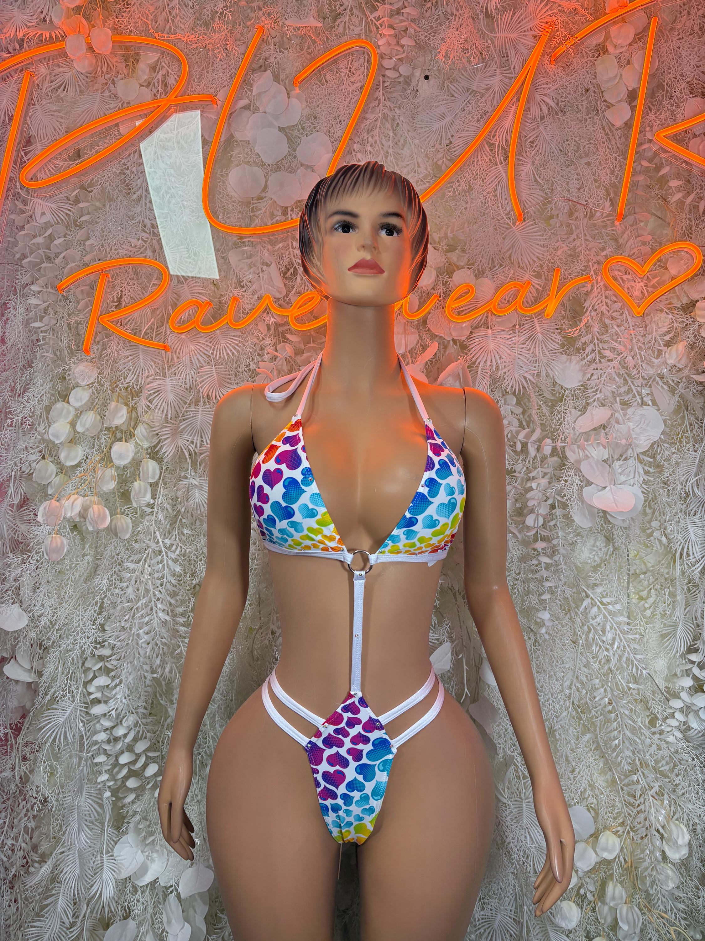 Multicolor heart print micro bikini set with triangle top and thong bottoms, zip front