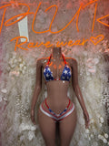 Patriotic flag bikini swimsuit with blue star triangle top and red-white striped bottoms