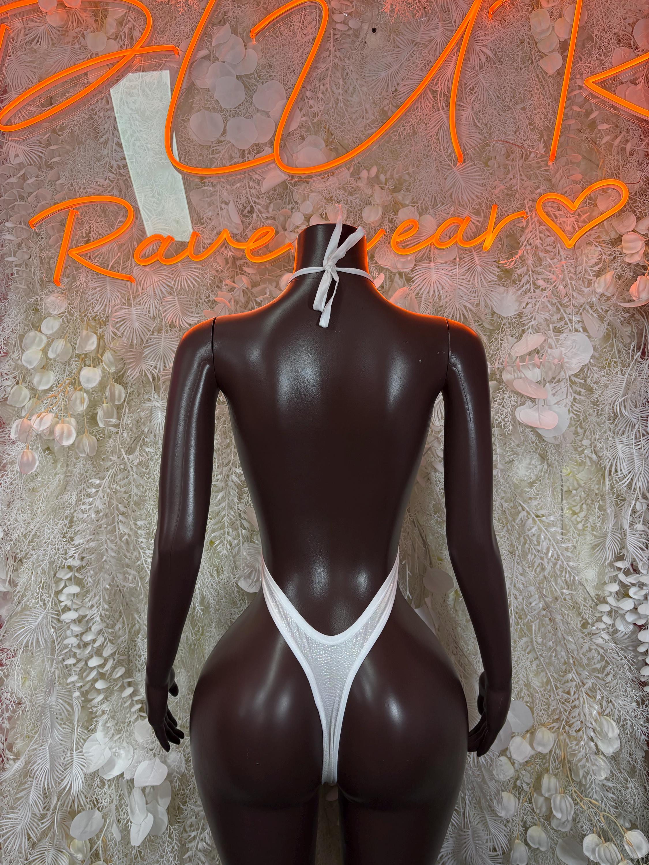 White rave bodysuit with deep V back cutout and thin straps, sleeveless