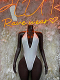 White rave bodysuit with deep V neckline, sleeveless, glossy sheer fabric