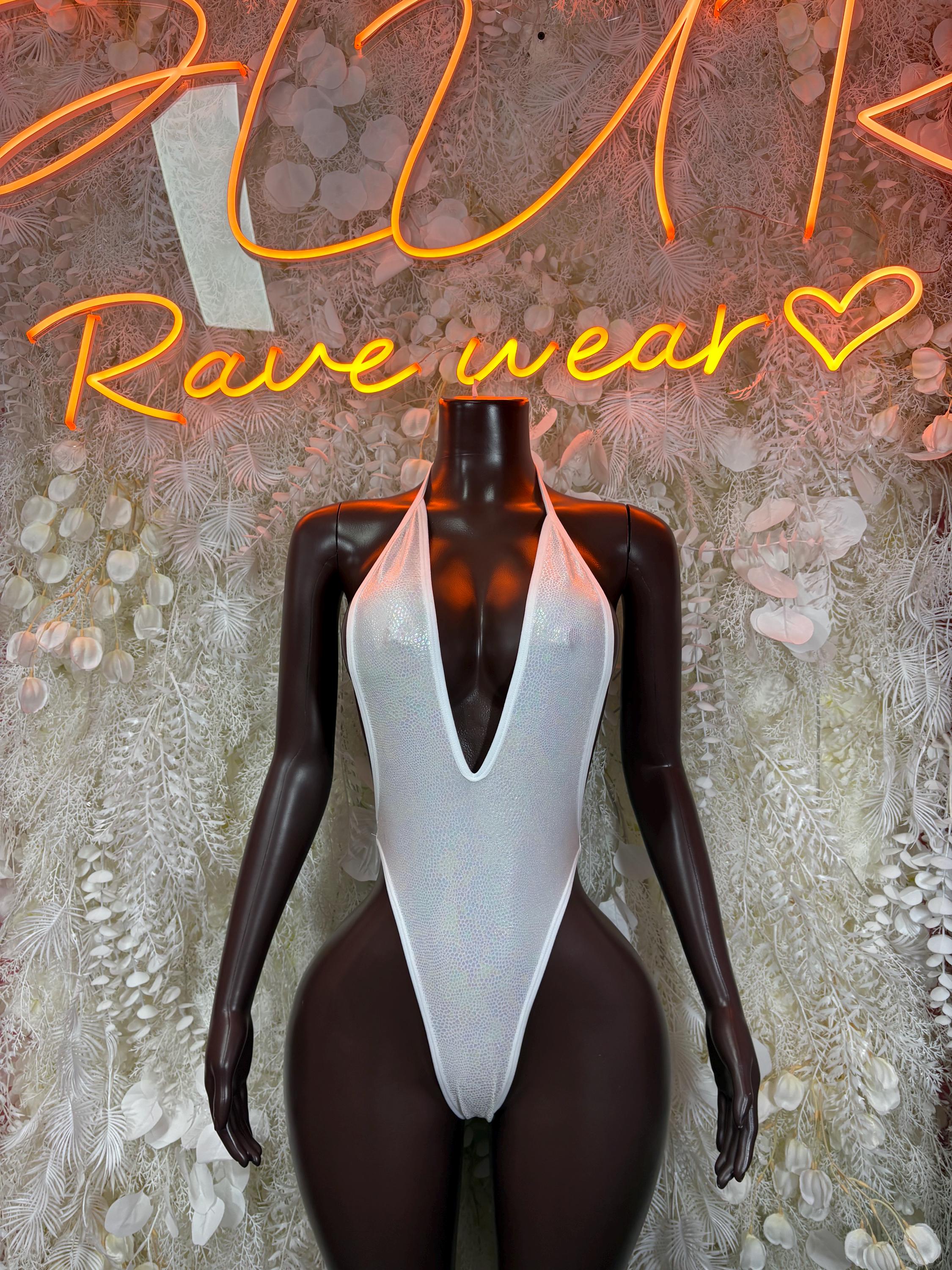 White rave bodysuit with deep V neckline, sleeveless, glossy sheer fabric