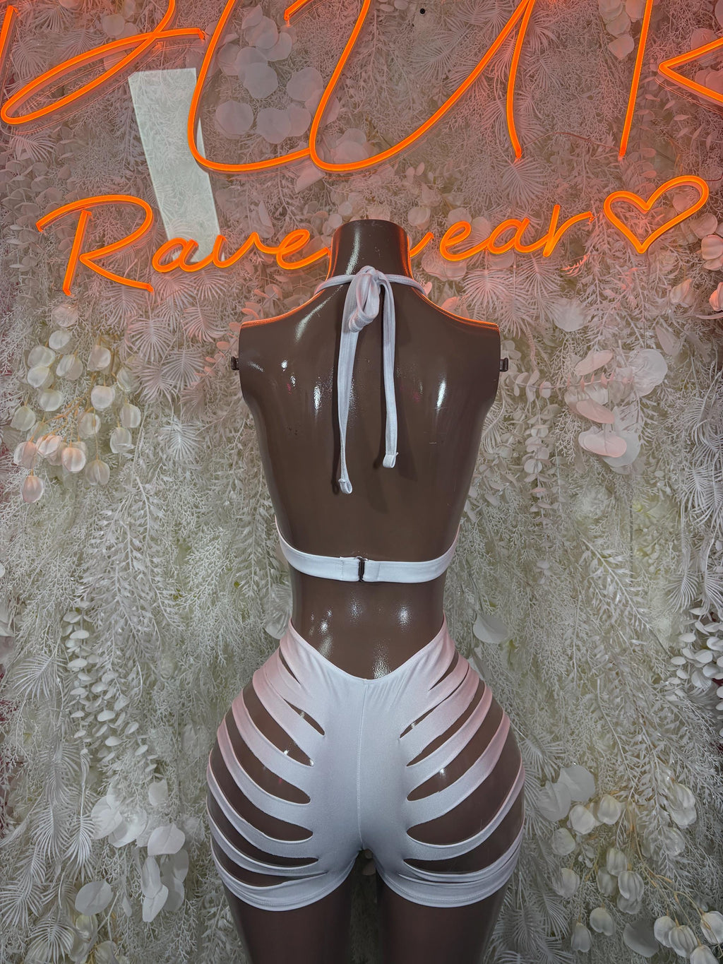 White festival bodysuit back view with neck tie and central cutout