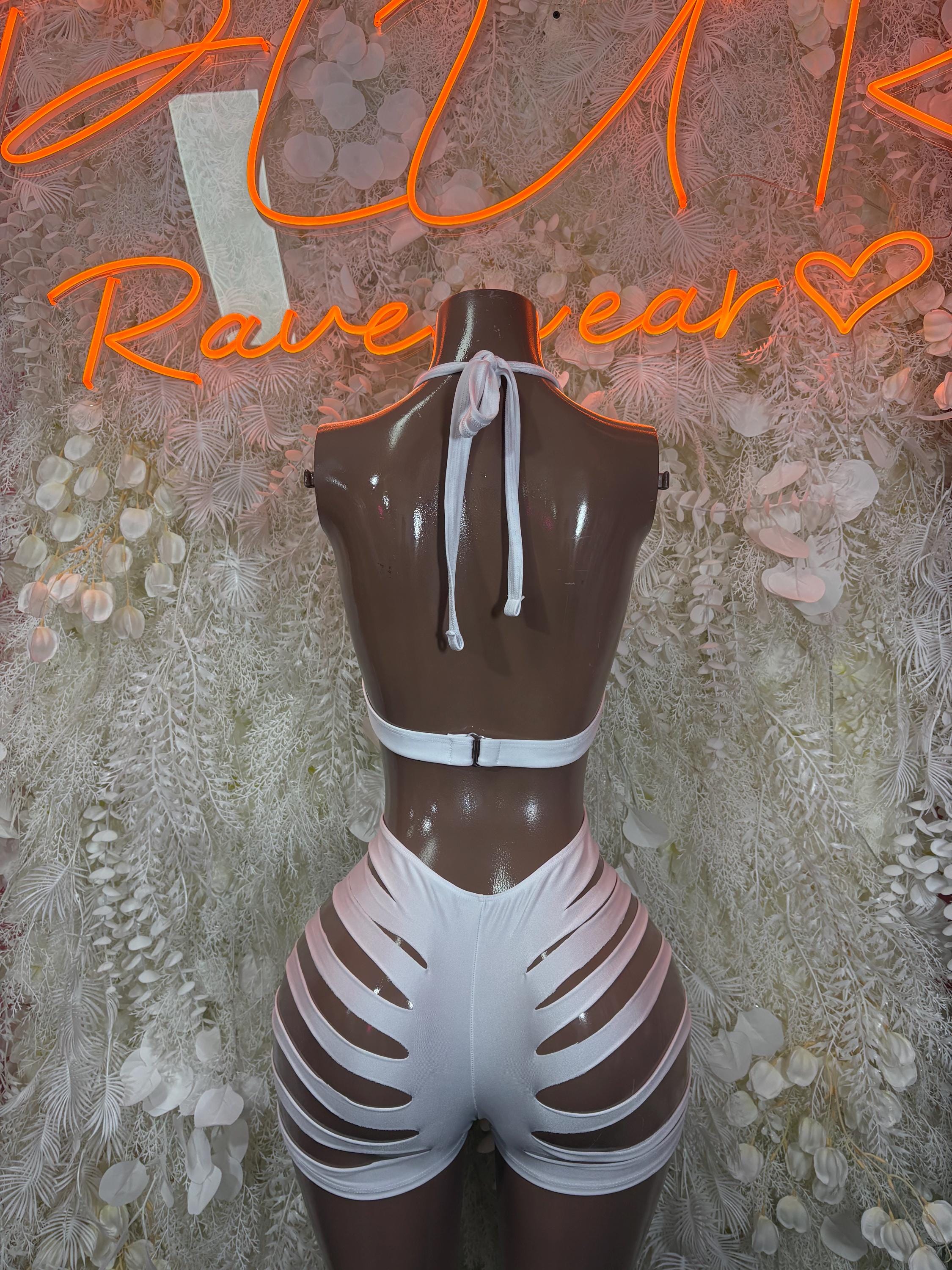 White festival bodysuit back view with neck tie and central cutout