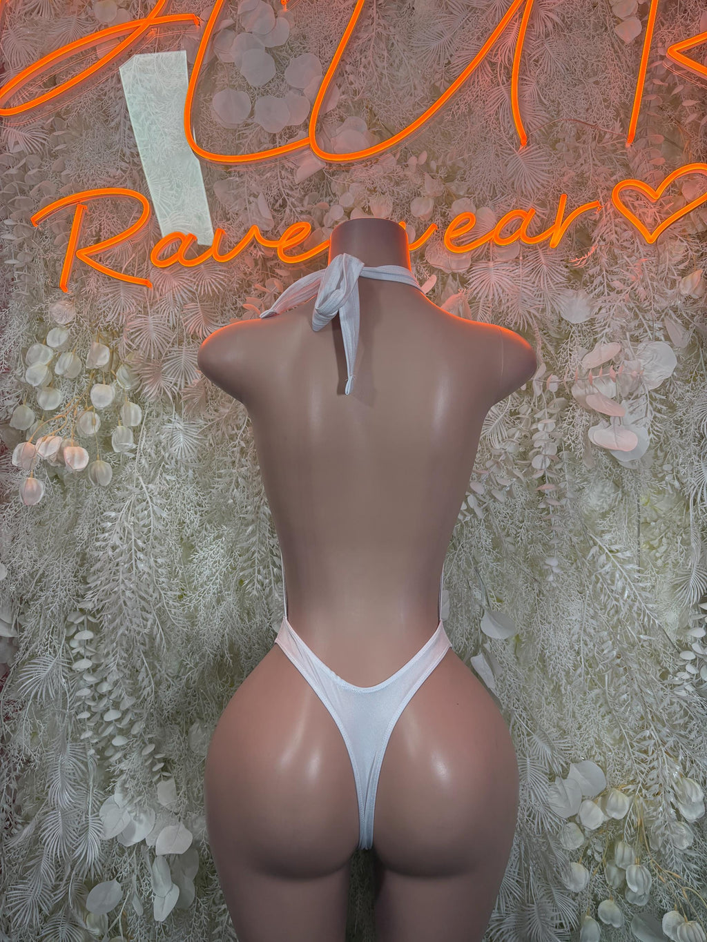 White halter bodysuit with open back and neck tie