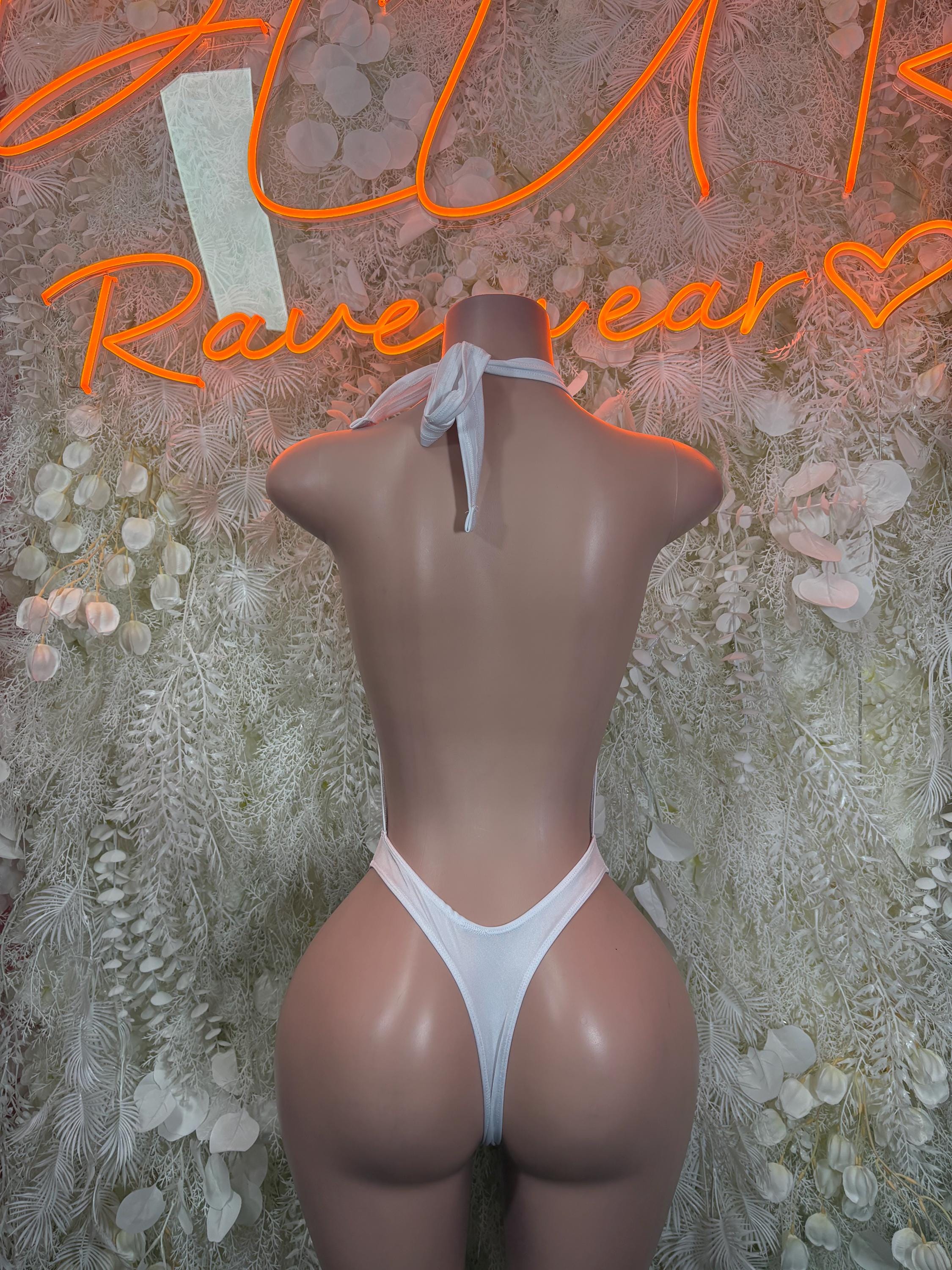 White halter bodysuit with open back and neck tie