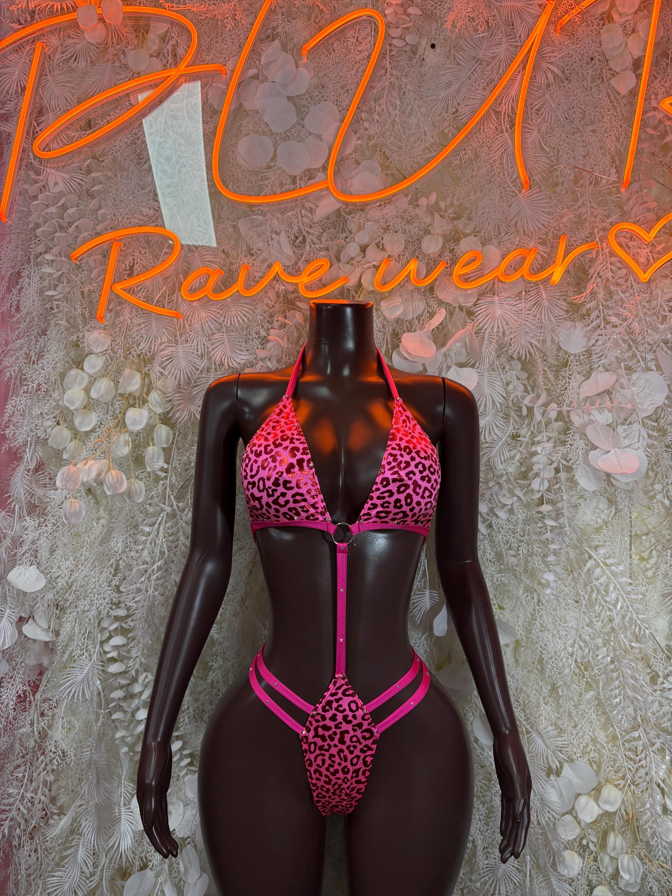 Leopard print pink bikini set with triangle top and high-cut bottoms, front ties
