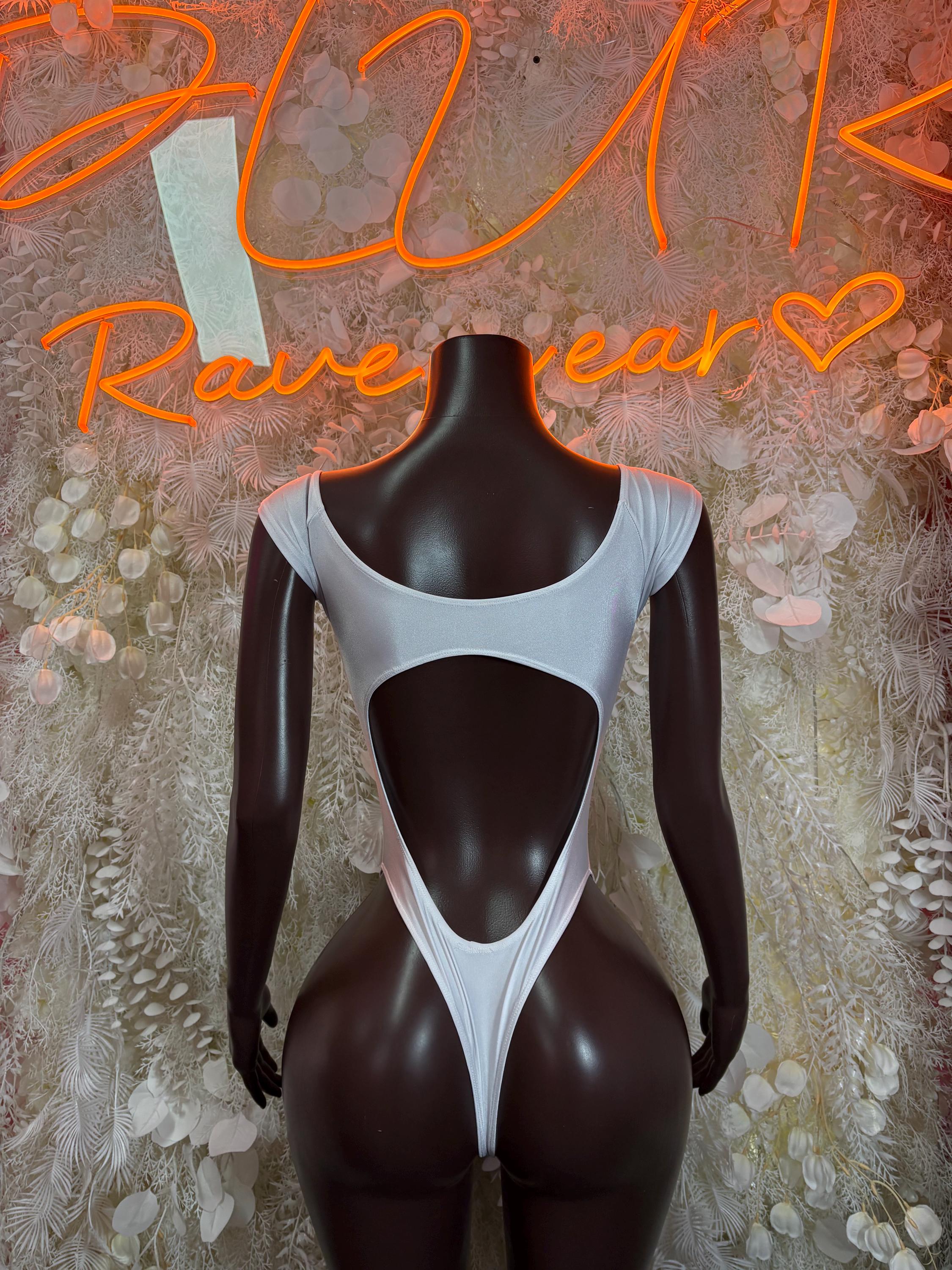 White metallic bodysuit with low back and cut-out thong style