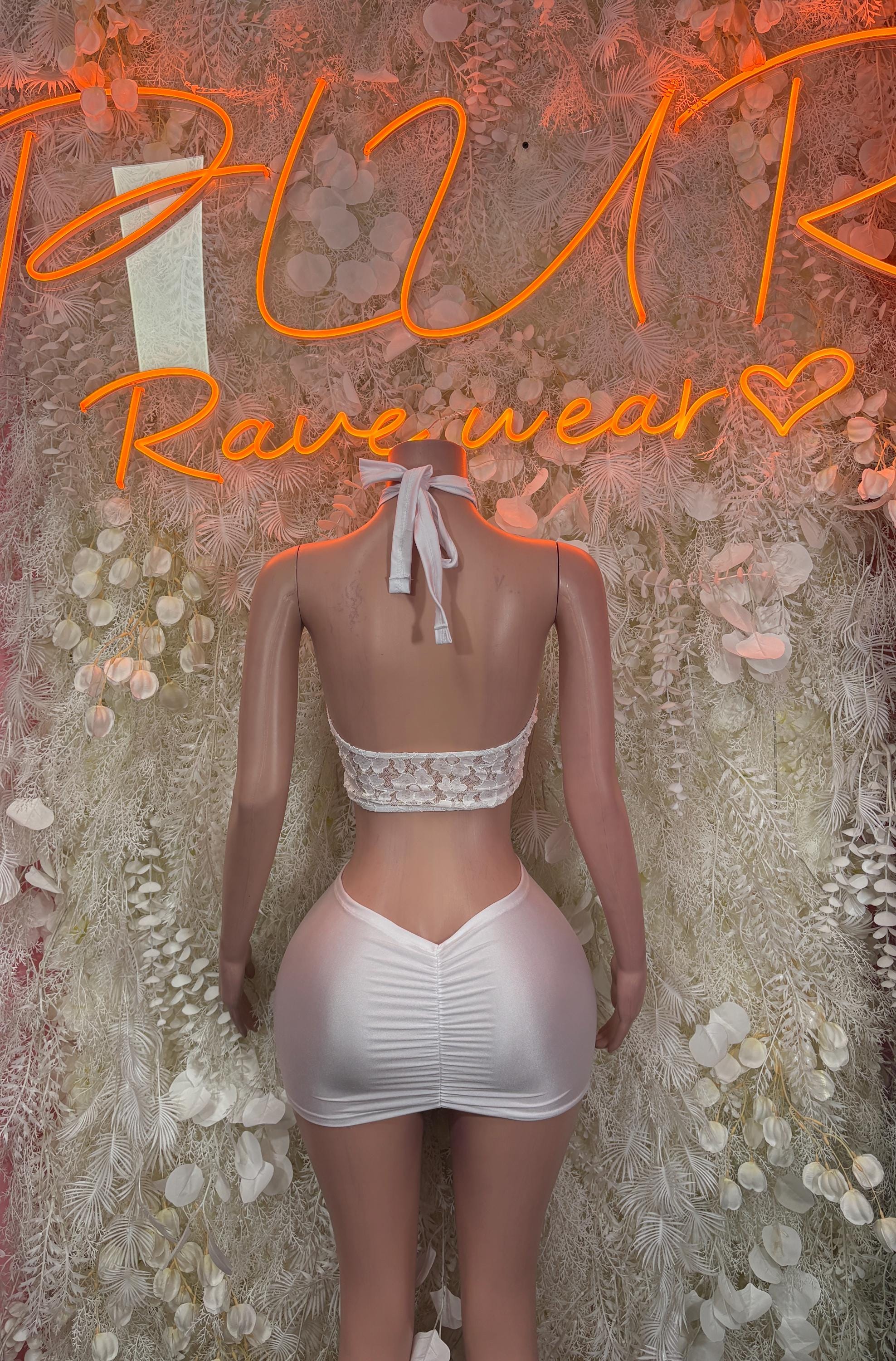 White lace backless one-piece dance outfit with ruched mini skirt and tie straps