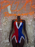 One-piece flag dress with red, blue, and white eagle panel at front