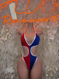 Dominican flag bodysuit with red, blue, and white cutout panels
