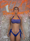 Blue lace bikini set with triangle bra and tie-side bottoms, front view