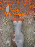 White sleeveless maxi dress with sweetheart neckline and thigh-high slit