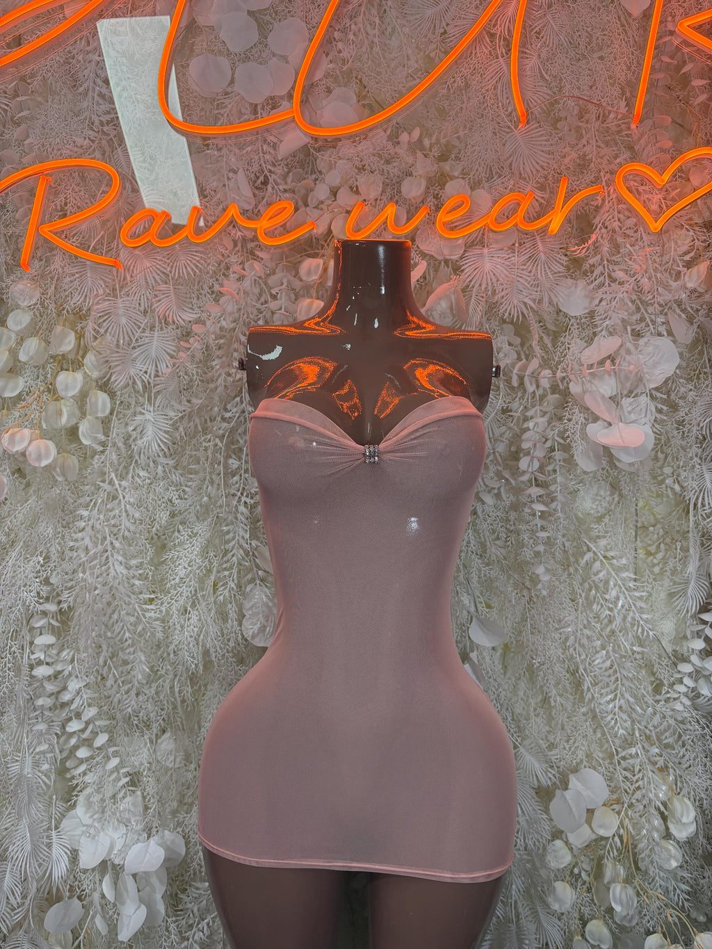 Baby pink mini dance dress with rhinestone detailing, strapless sweetheart neckline