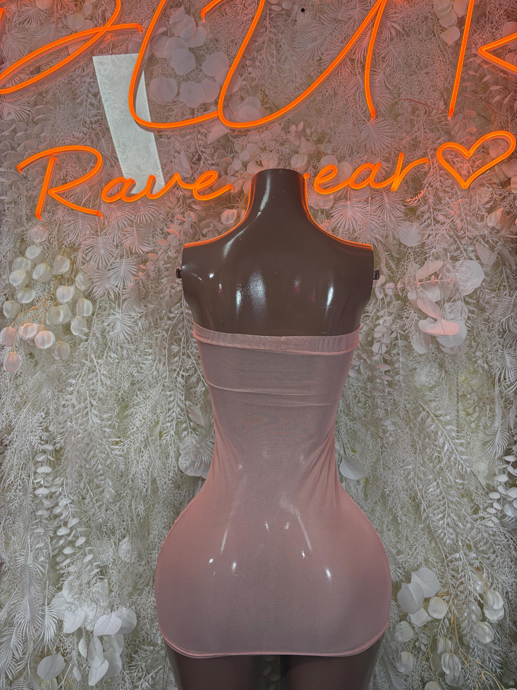 Baby pink corset-style mini dress with sweetheart bust and sparkly trim