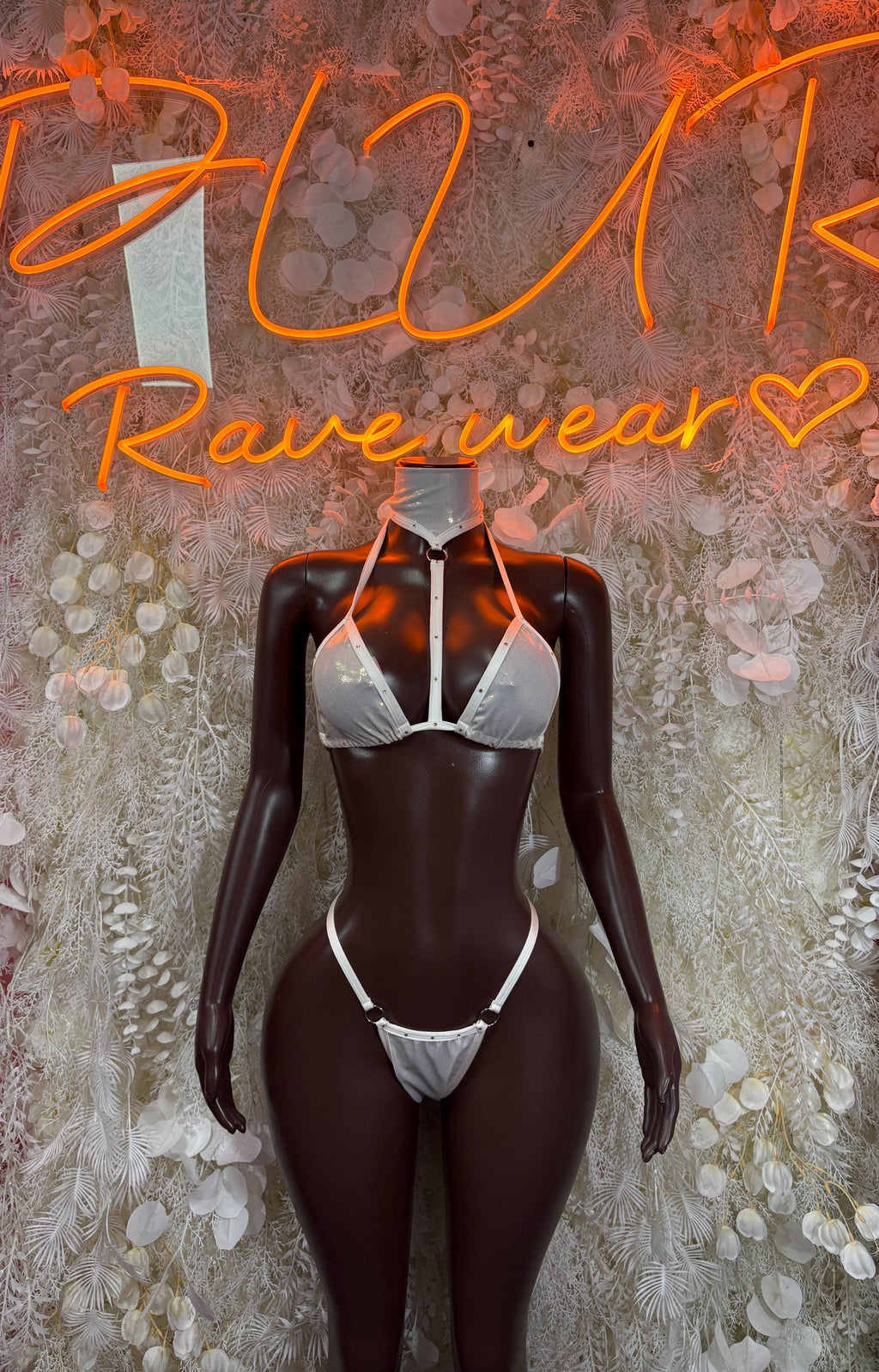 Metallic white bikini set with triangle bra and tie-back thong