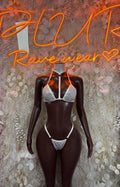 Metallic white bikini set with triangle bra and tie-back thong