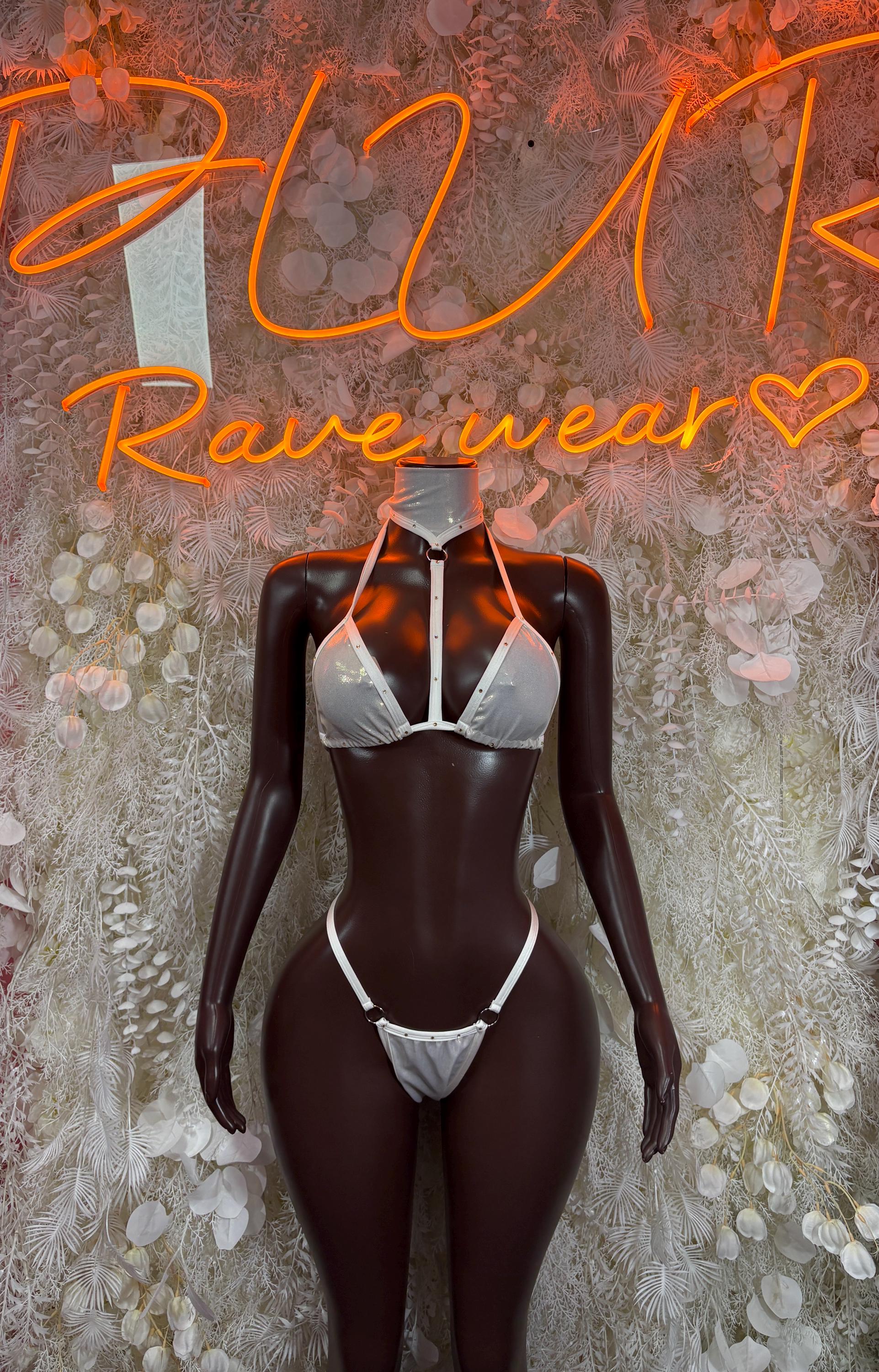 Metallic white bikini set with triangle bra and tie-back thong