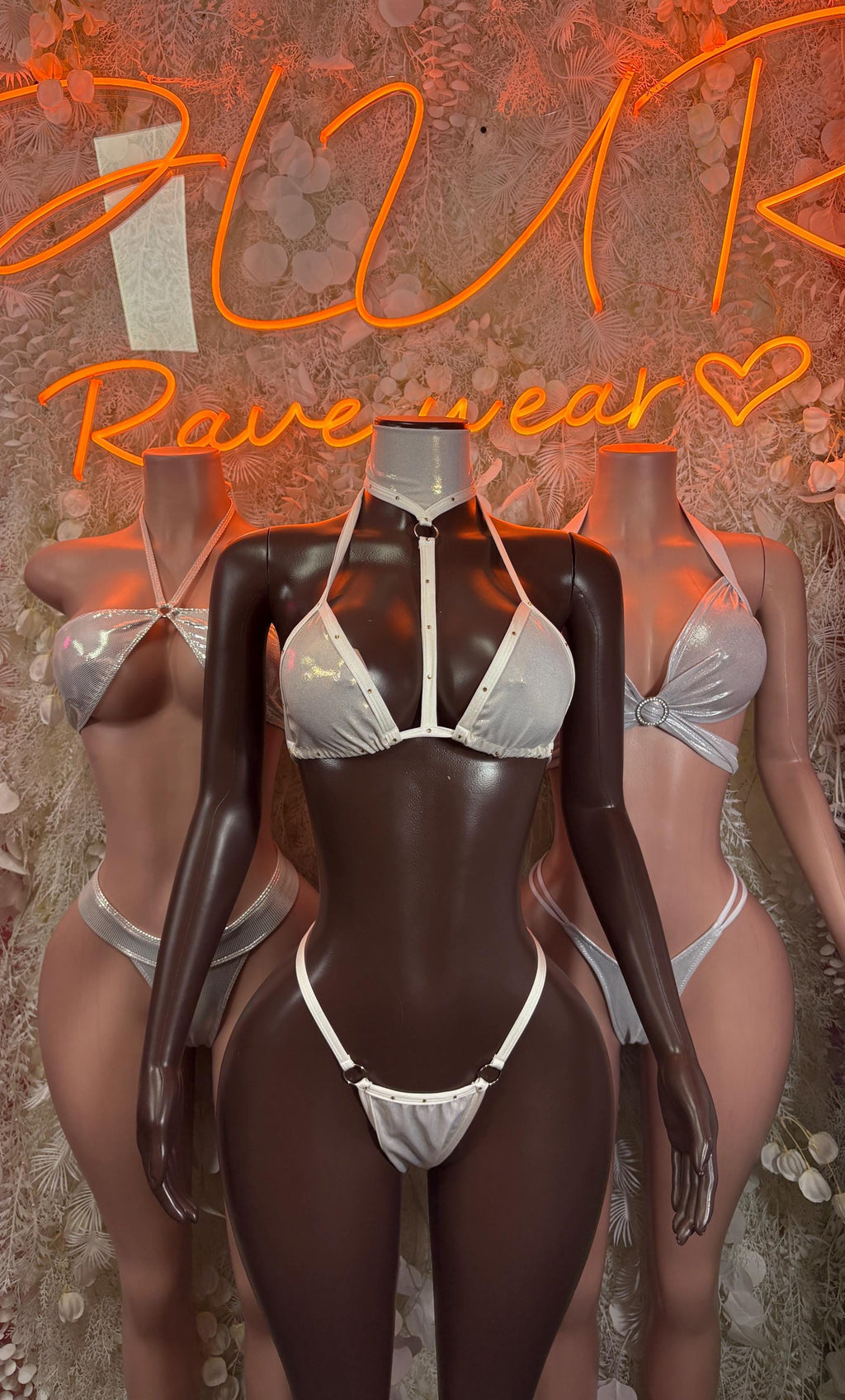 Metallic white bikini set with triangle top, thong bottom, and long arm sleeves