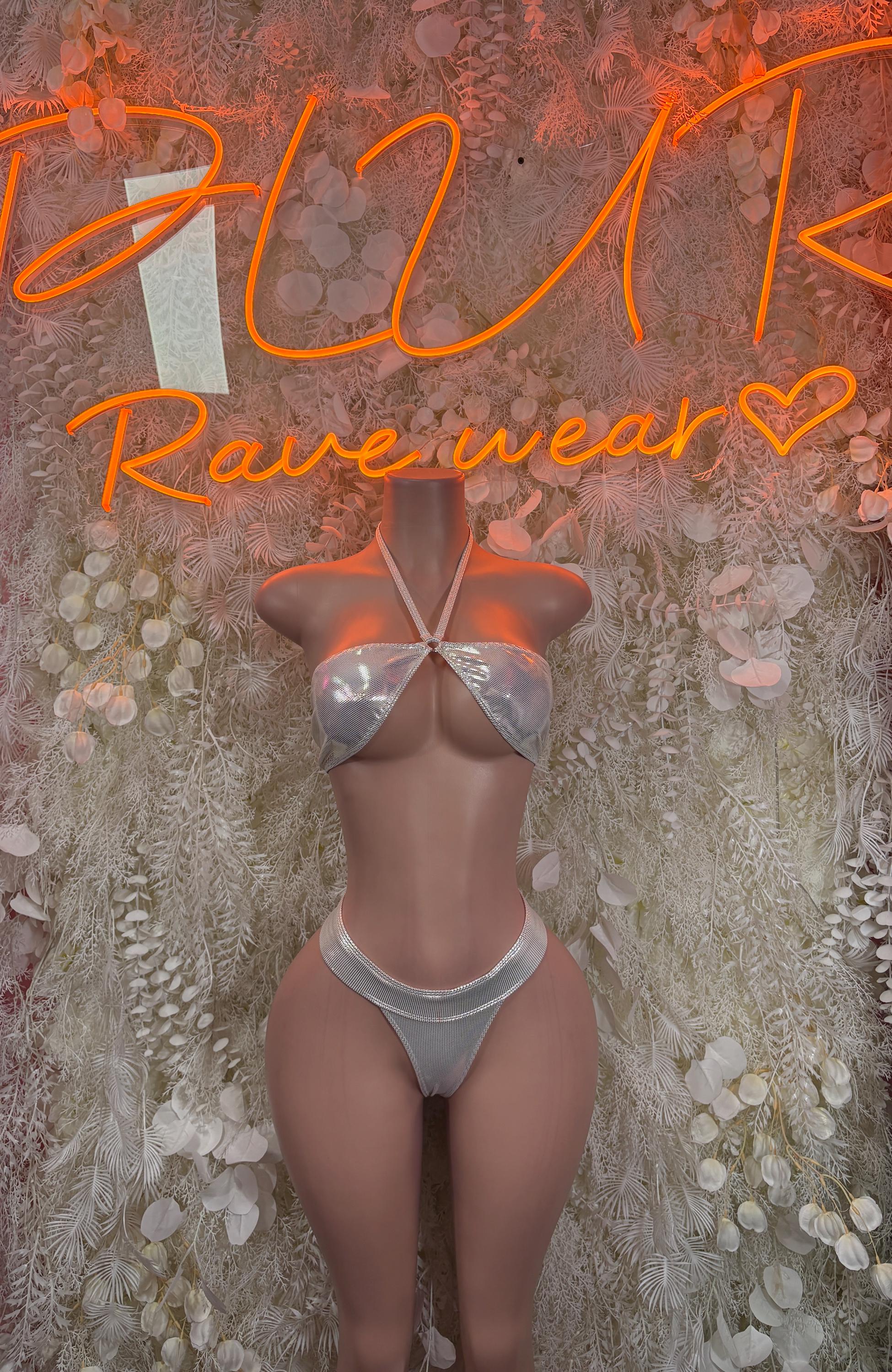 Silver Metallic Bikini Festival Outfit, Bottle Service Clubwear, Two Piece Dancewear for Strippers & Festival Goers