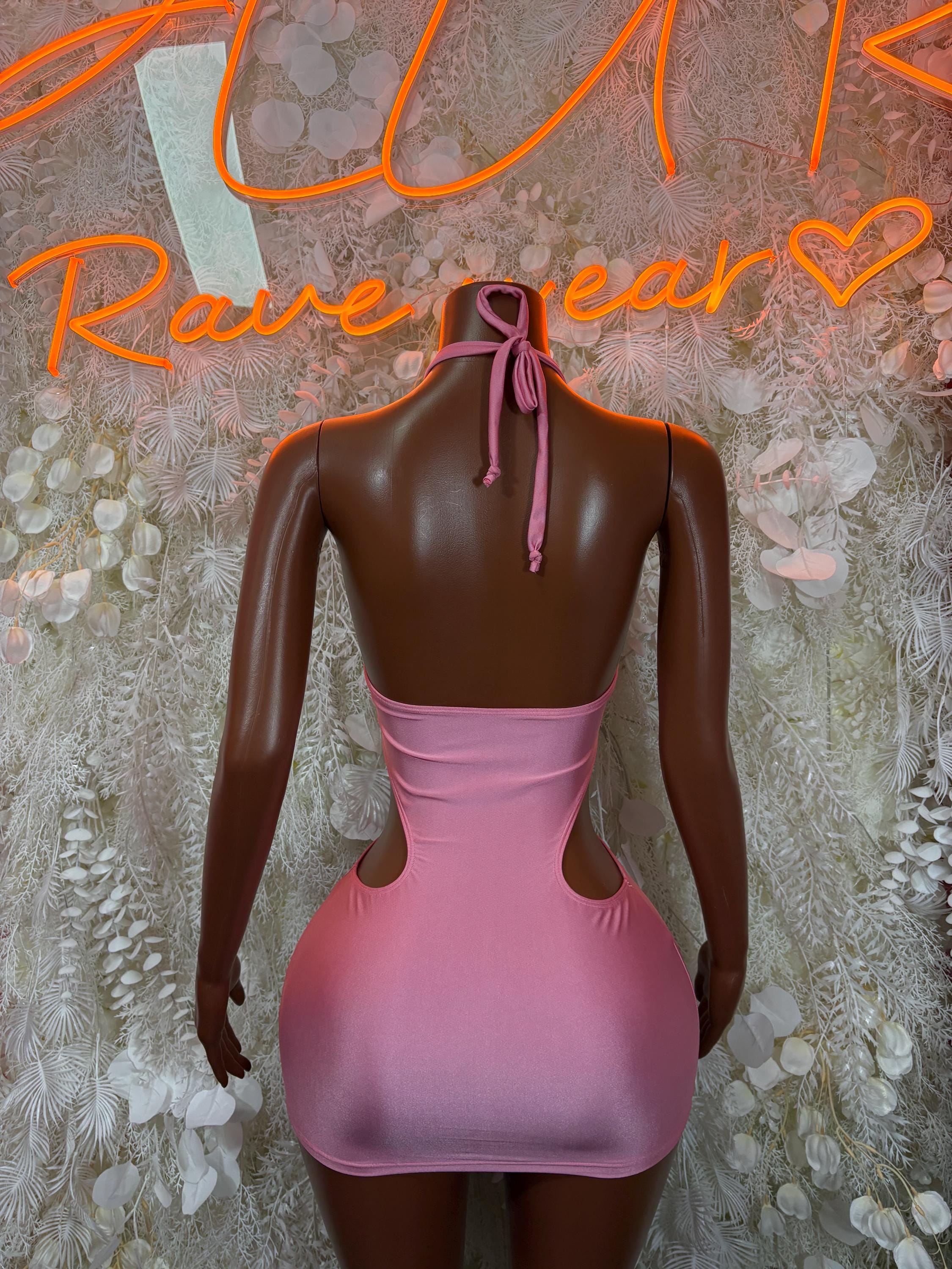 Pink halter mini dress with open back and tie strap detail