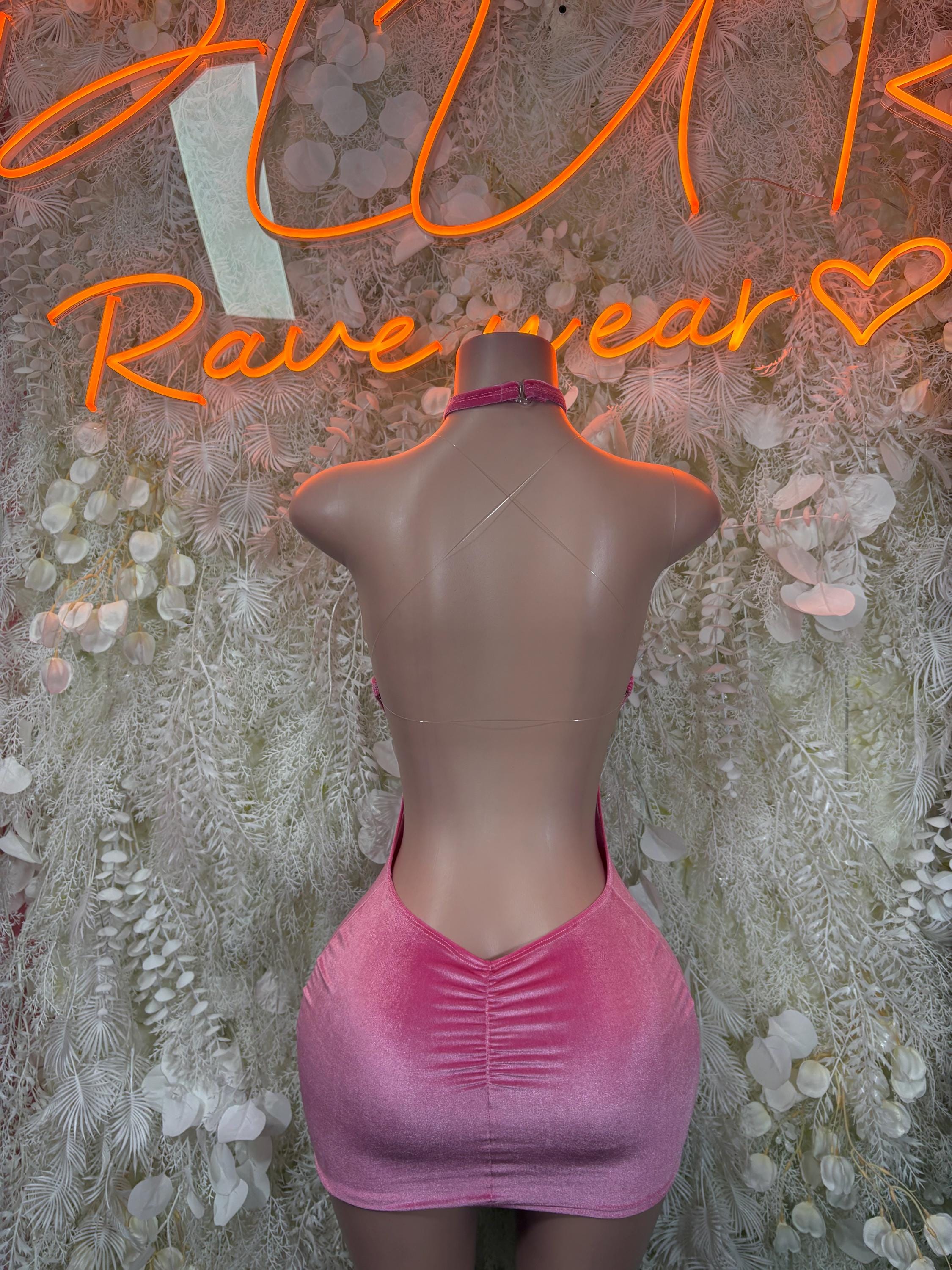 Pink velvet mini dress, open back with high neck and V back detail, sleeveless